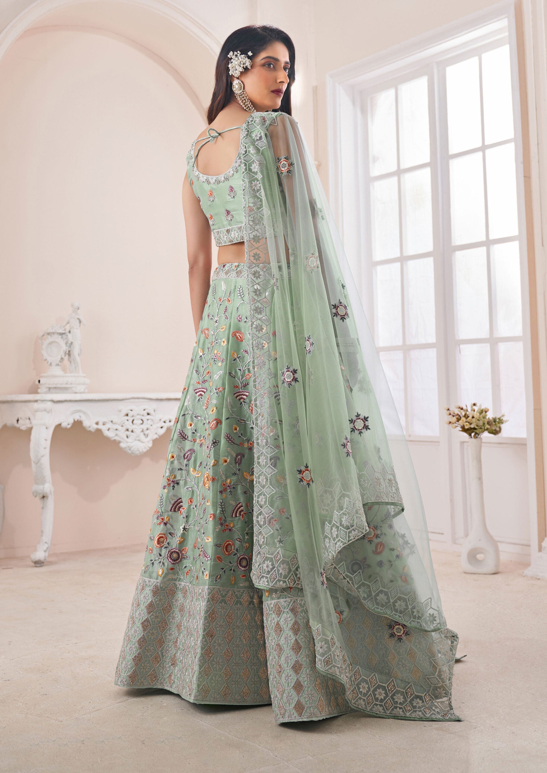 New Sea Green Art Silk Zarkhan Work Lehengha Choli