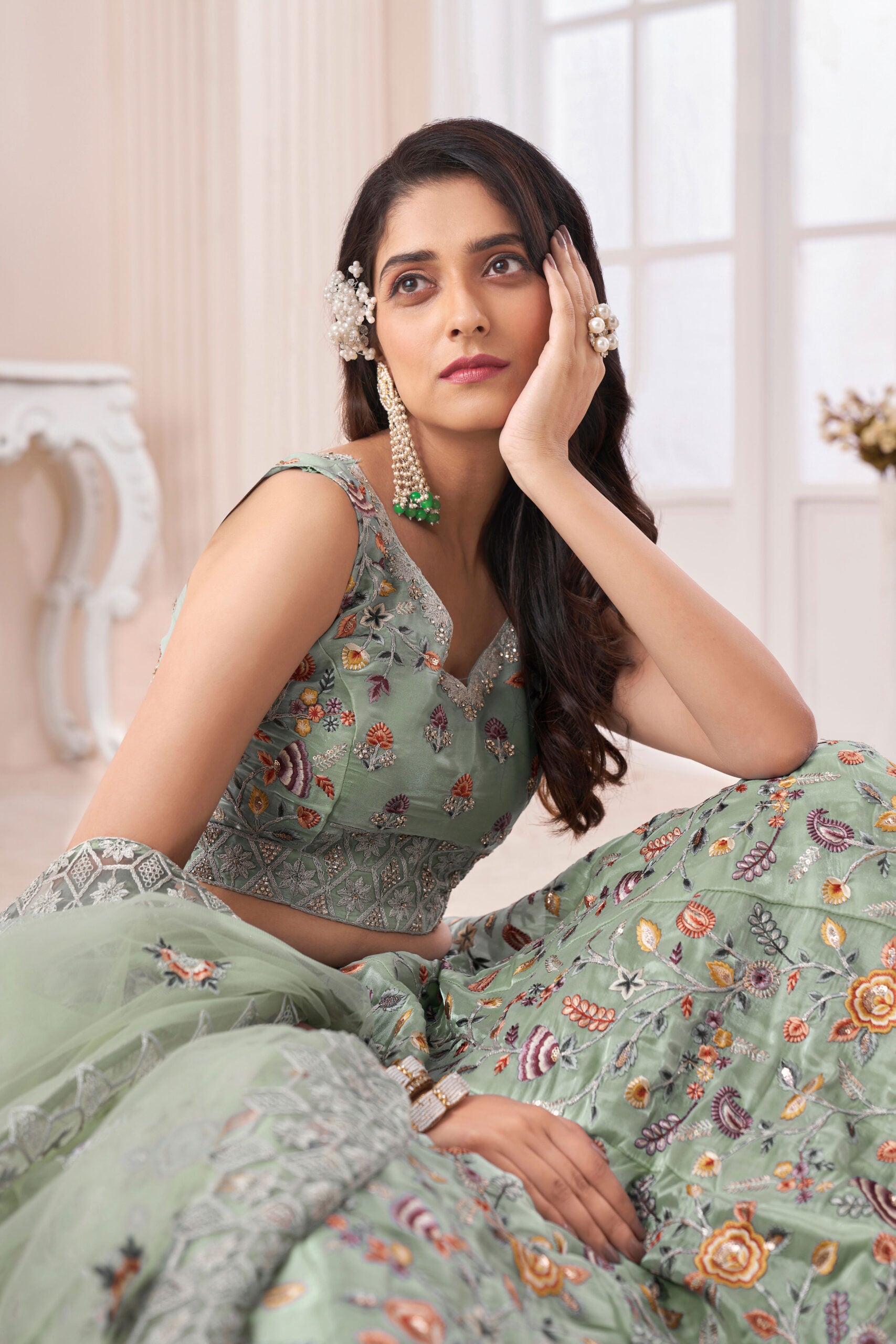 New Sea Green Art Silk Zarkhan Work Lehengha Choli