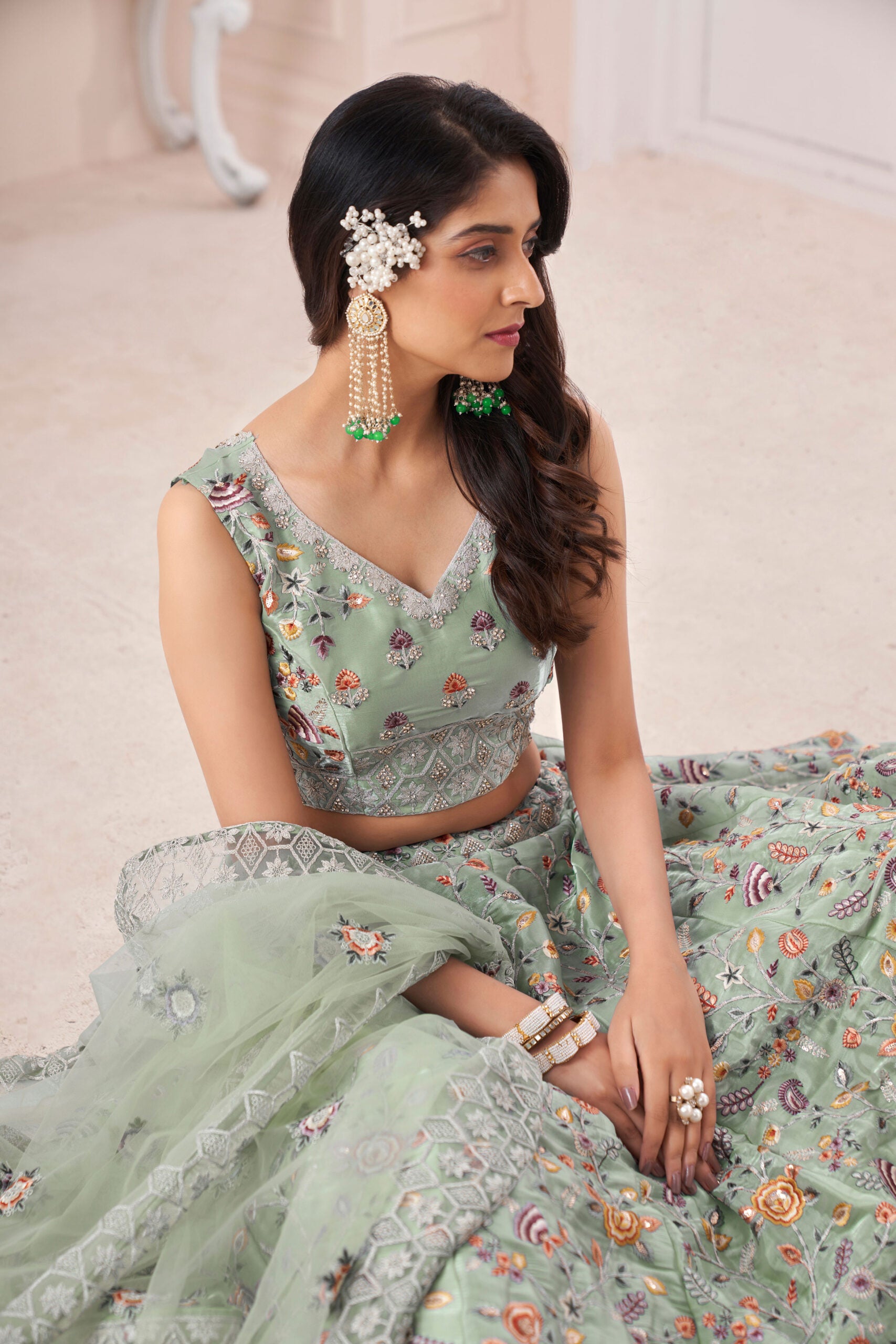 New Sea Green Art Silk Zarkhan Work Lehengha Choli
