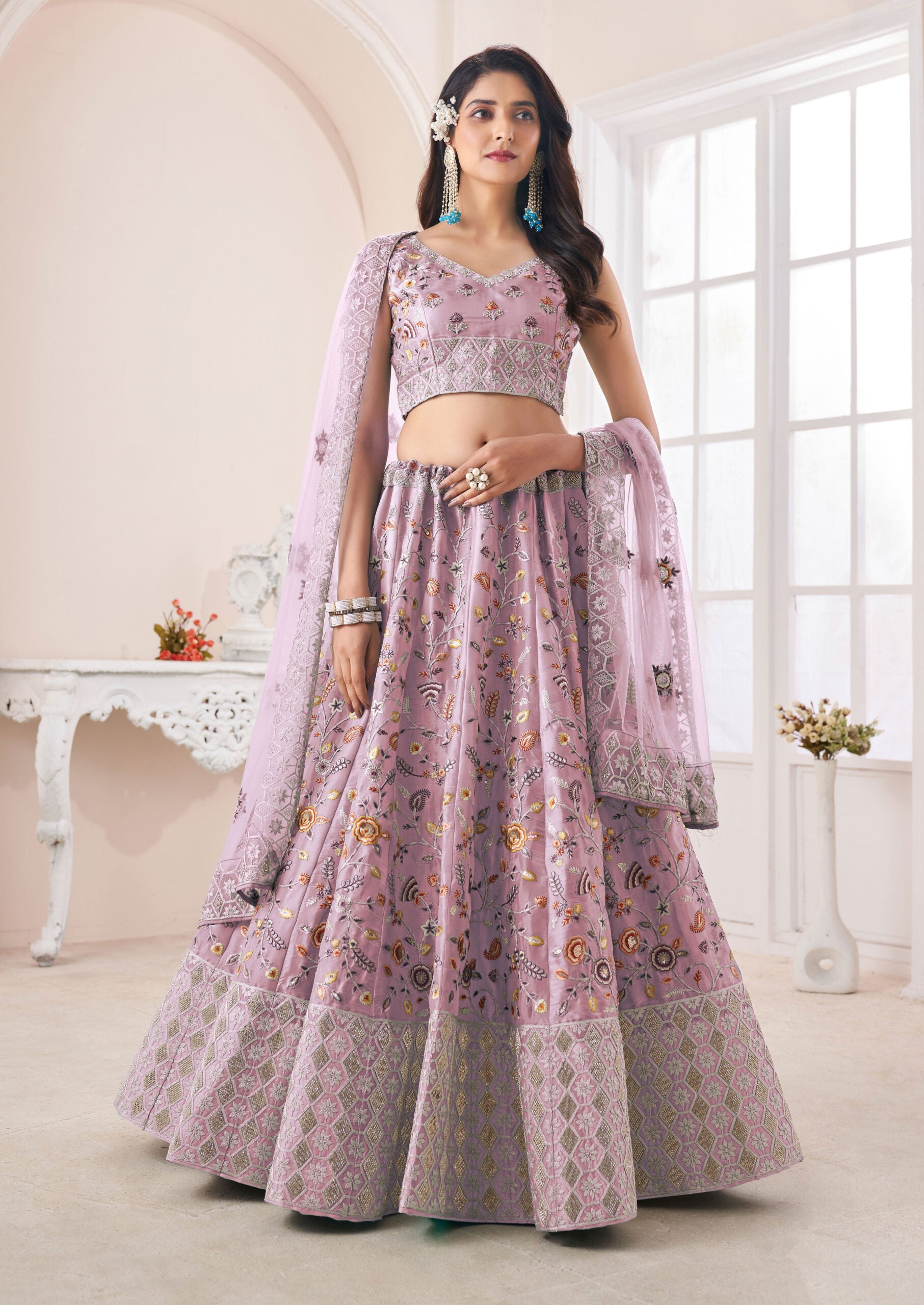 New Pink Art Silk Zarkhan Work Lehengha Choli