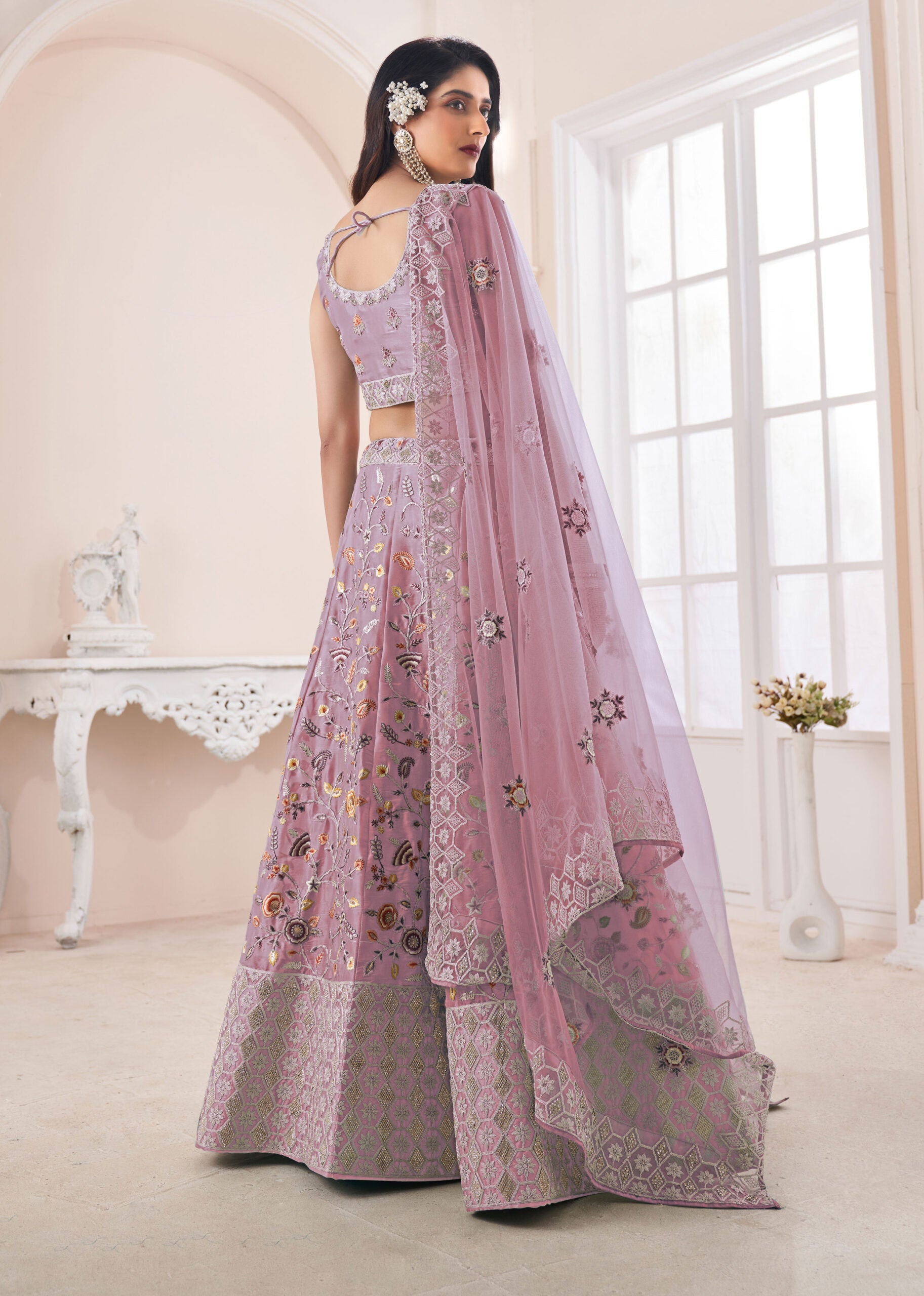 New Pink Art Silk Zarkhan Work Lehengha Choli