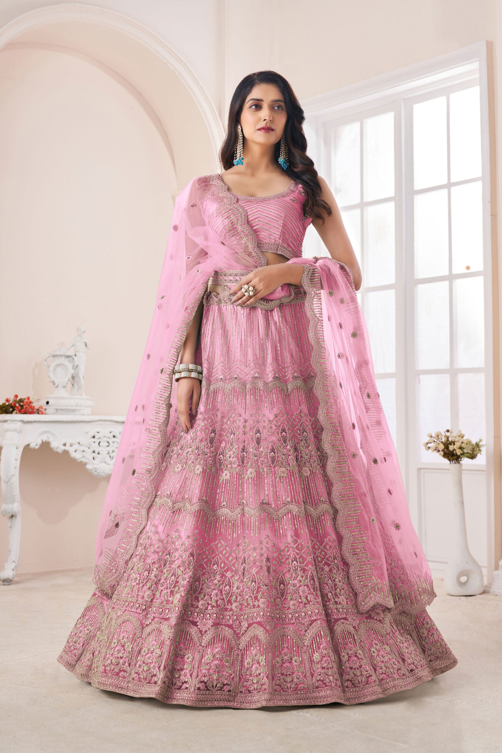 New Pink Soft Net Zarkhan Work Lehengha Choli