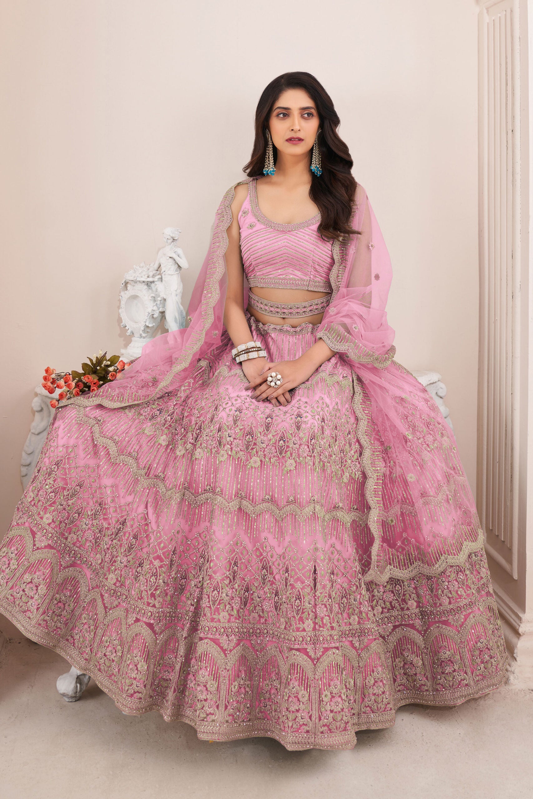 New Pink Soft Net Zarkhan Work Lehengha Choli