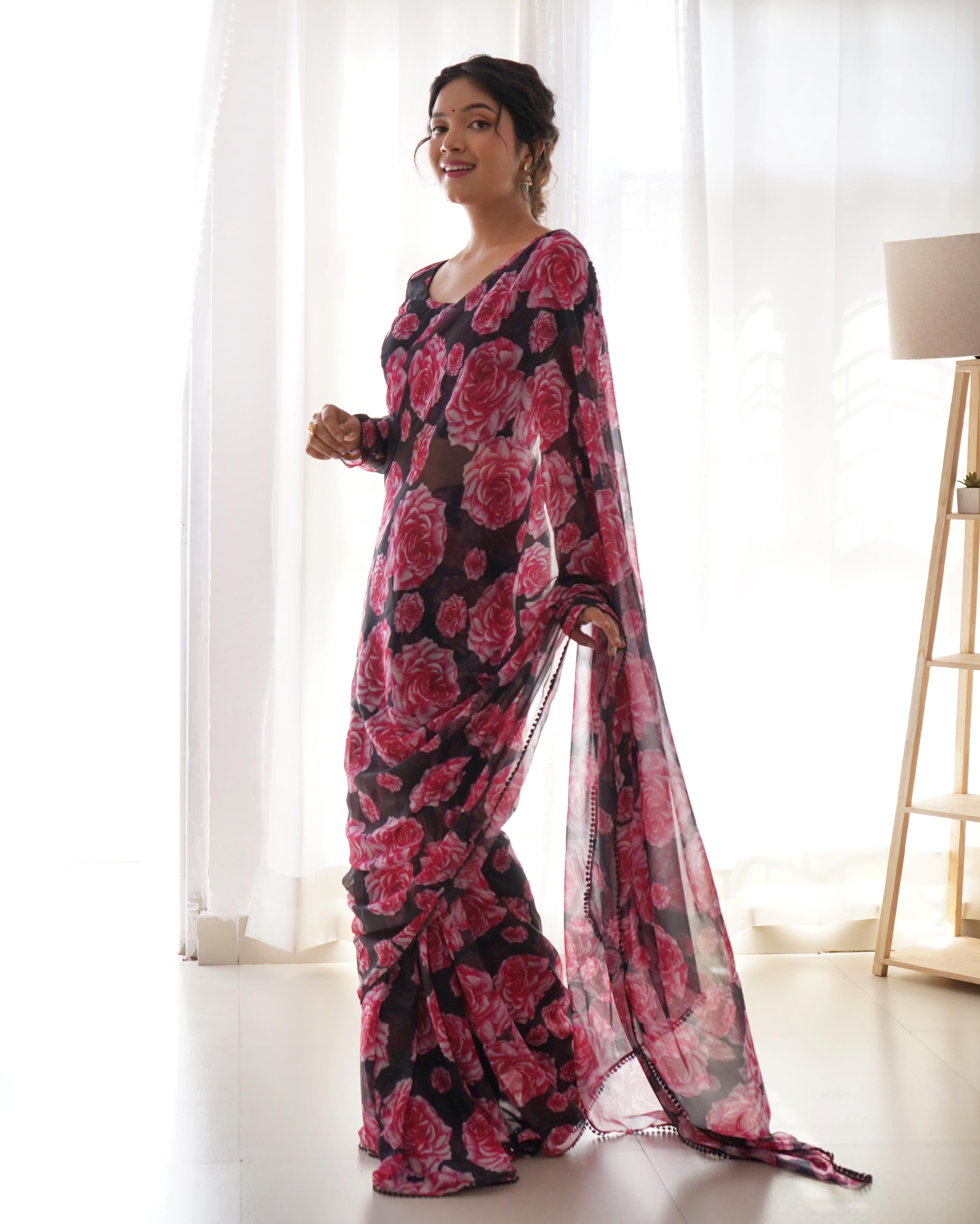 Kashmiri Rose Bliss Soft Chiffon Ready To Wear Saree