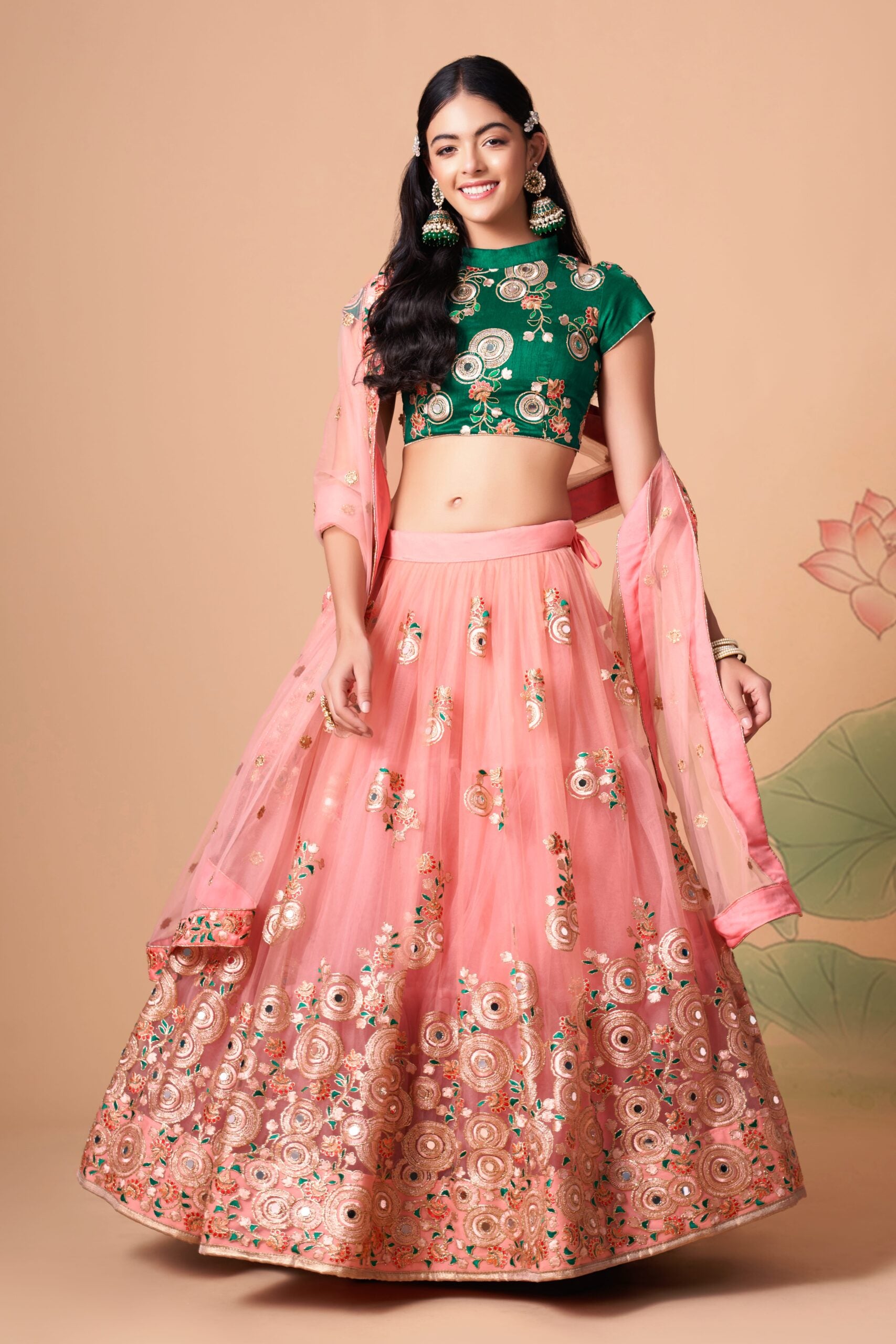 Peachy Elegance Sequin Threaded and Mirror-Adorned Lehenga Choli