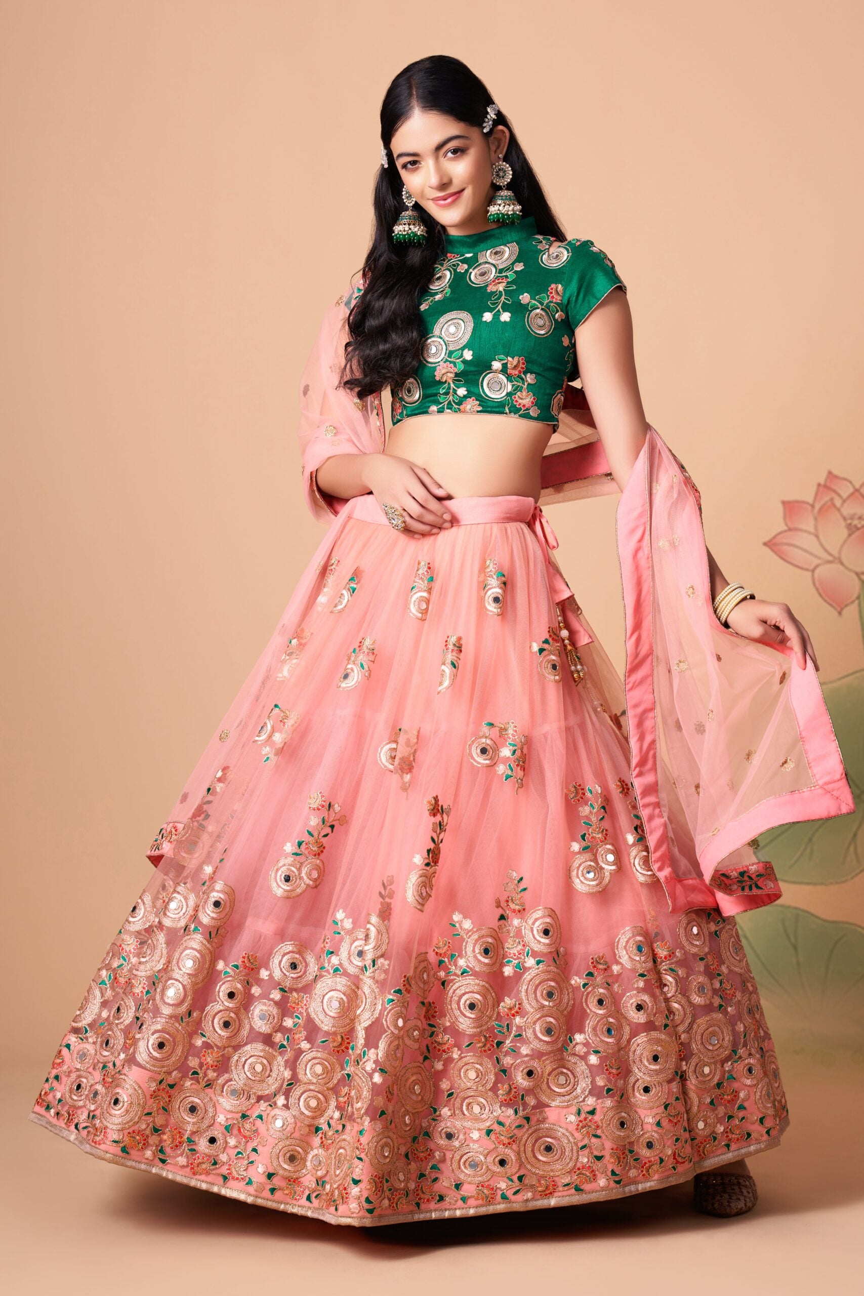 Peachy Elegance Sequin Threaded and Mirror-Adorned Lehenga Choli