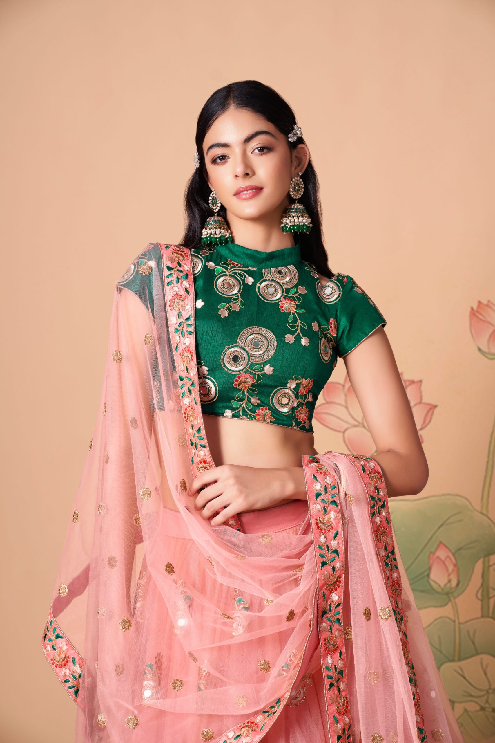 Peachy Elegance Sequin Threaded and Mirror-Adorned Lehenga Choli