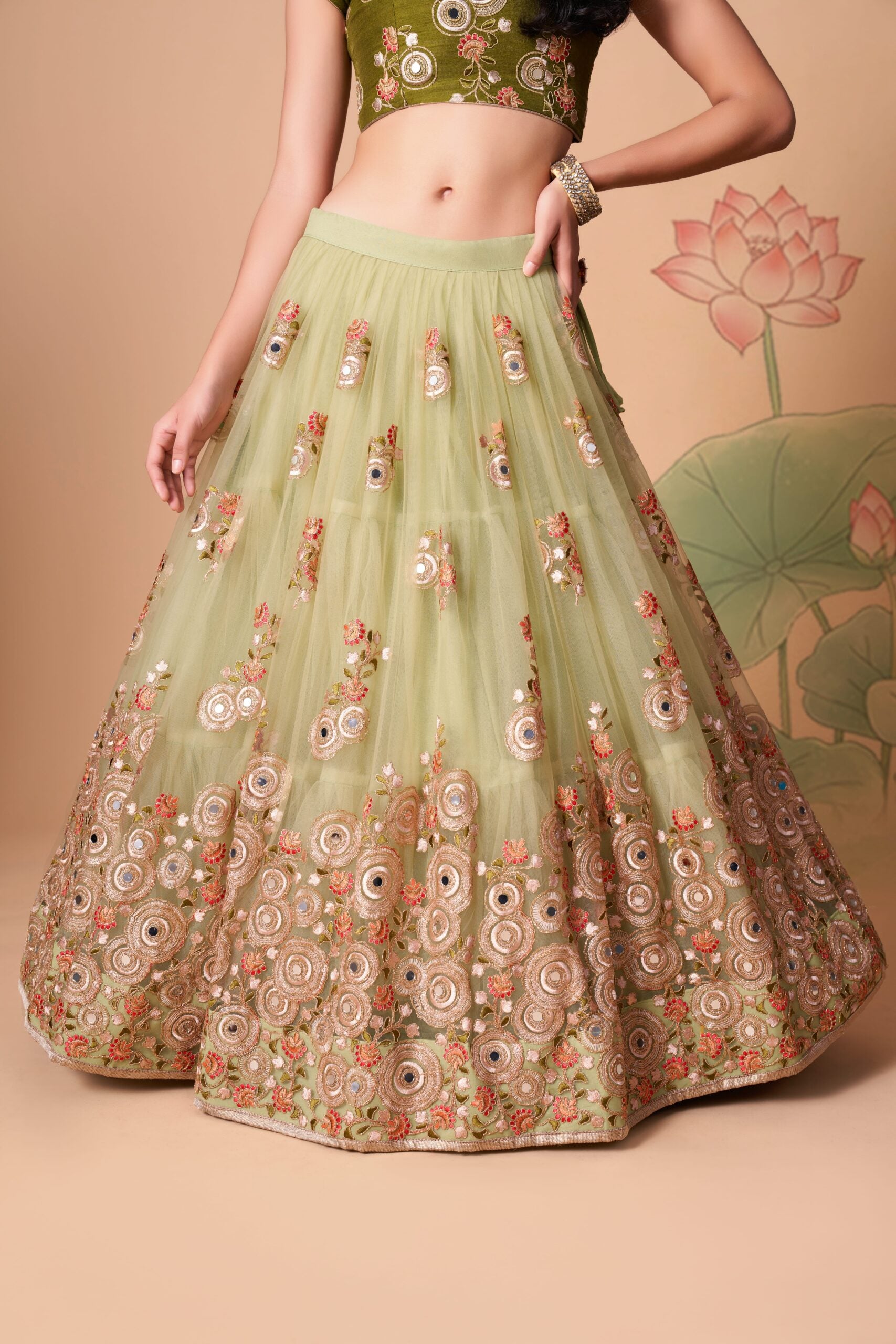 Pista Perfection Threaded Sequin  Mirror Work Pista Green Ensemble