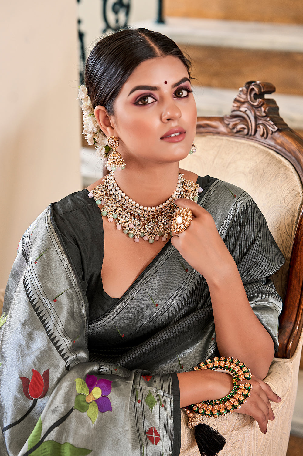 Dark Glamour Black Viscose Paithani Meenakari Nivi Style Saree