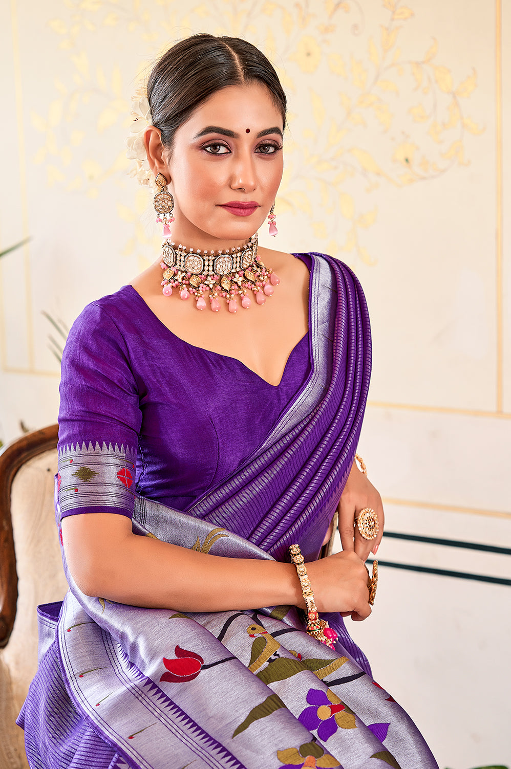 Imperial Violet Luxurious Purple Paithani Meenakari Nivi Style Saree in Viscose