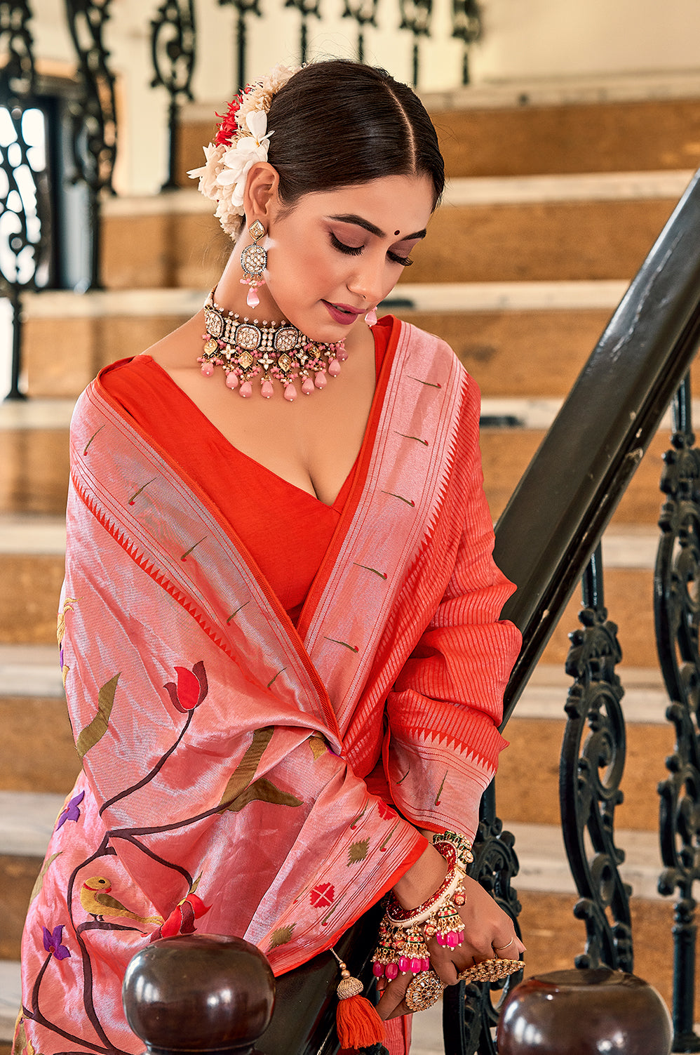 Crimson Elegance Stunning Red Paithani Meenakari Nivi Style Saree in Viscose