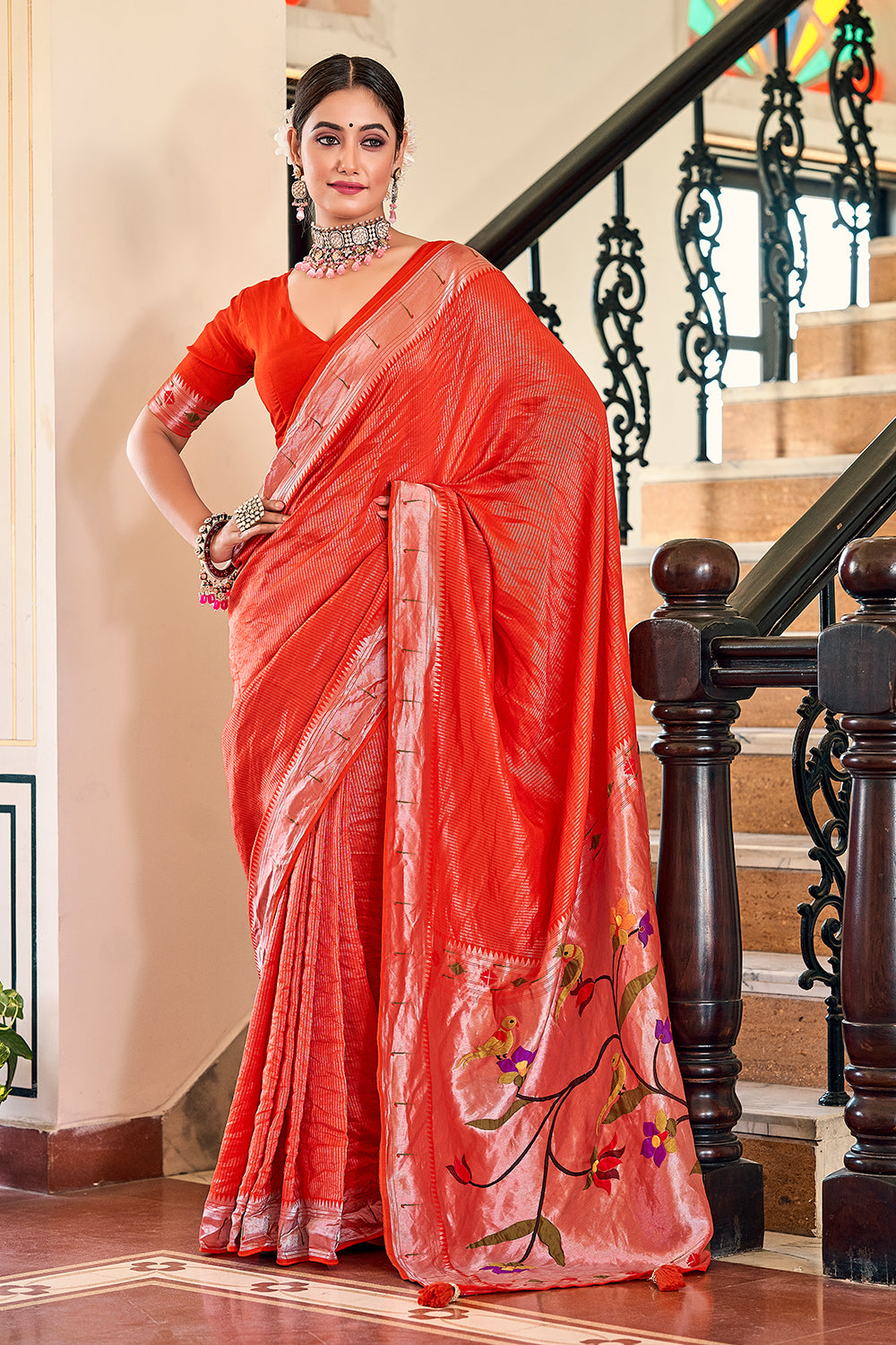 Crimson Elegance Stunning Red Paithani Meenakari Nivi Style Saree in Viscose