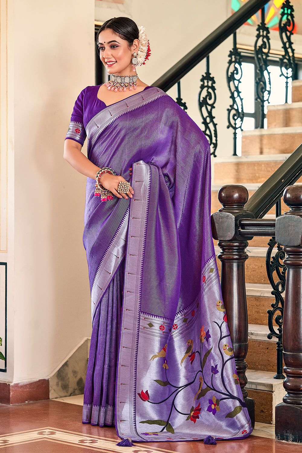 Imperial Violet Luxurious Purple Paithani Meenakari Nivi Style Saree in Viscose
