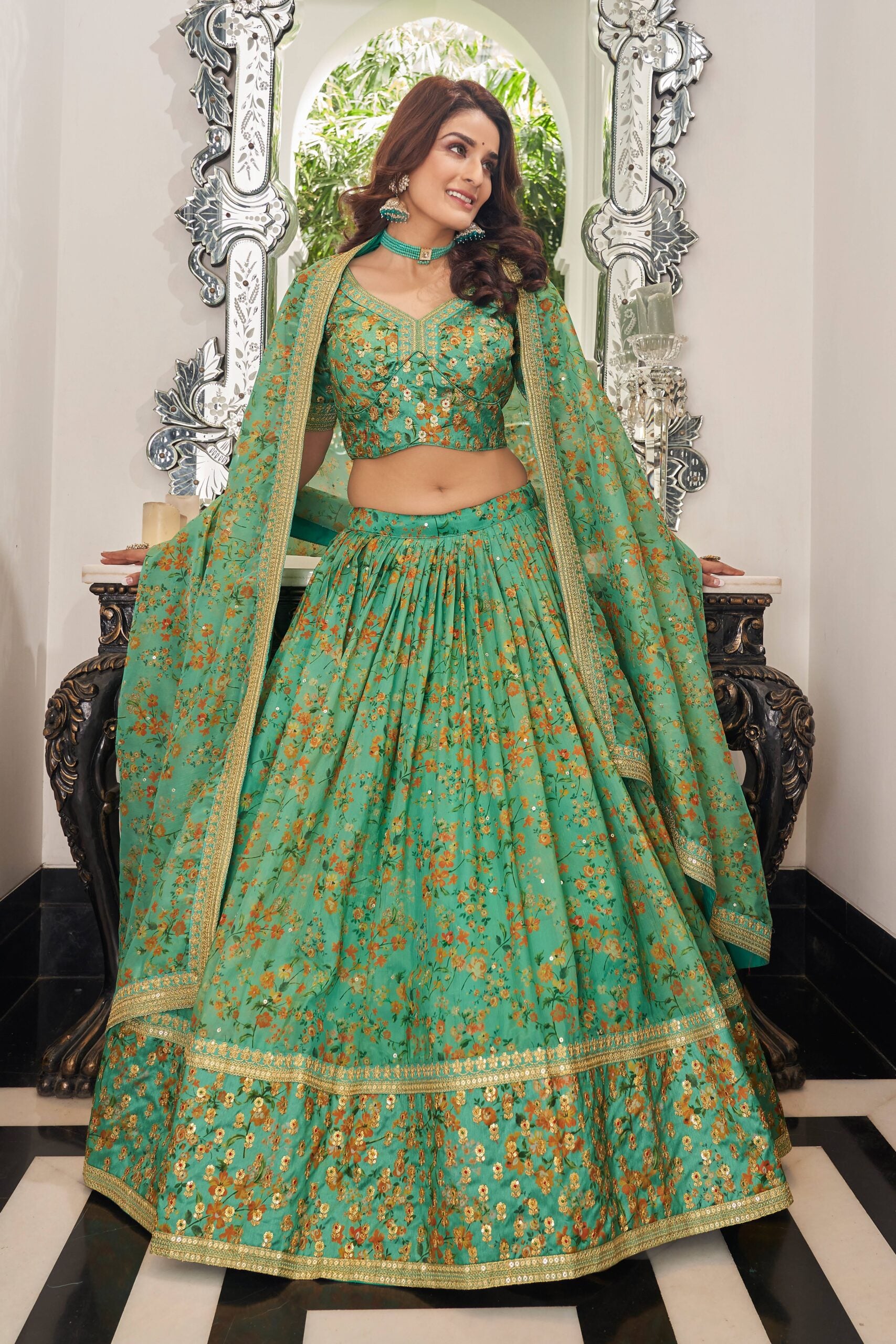 Pistachio Elegance Threadwork Embellished Lehenga Choli