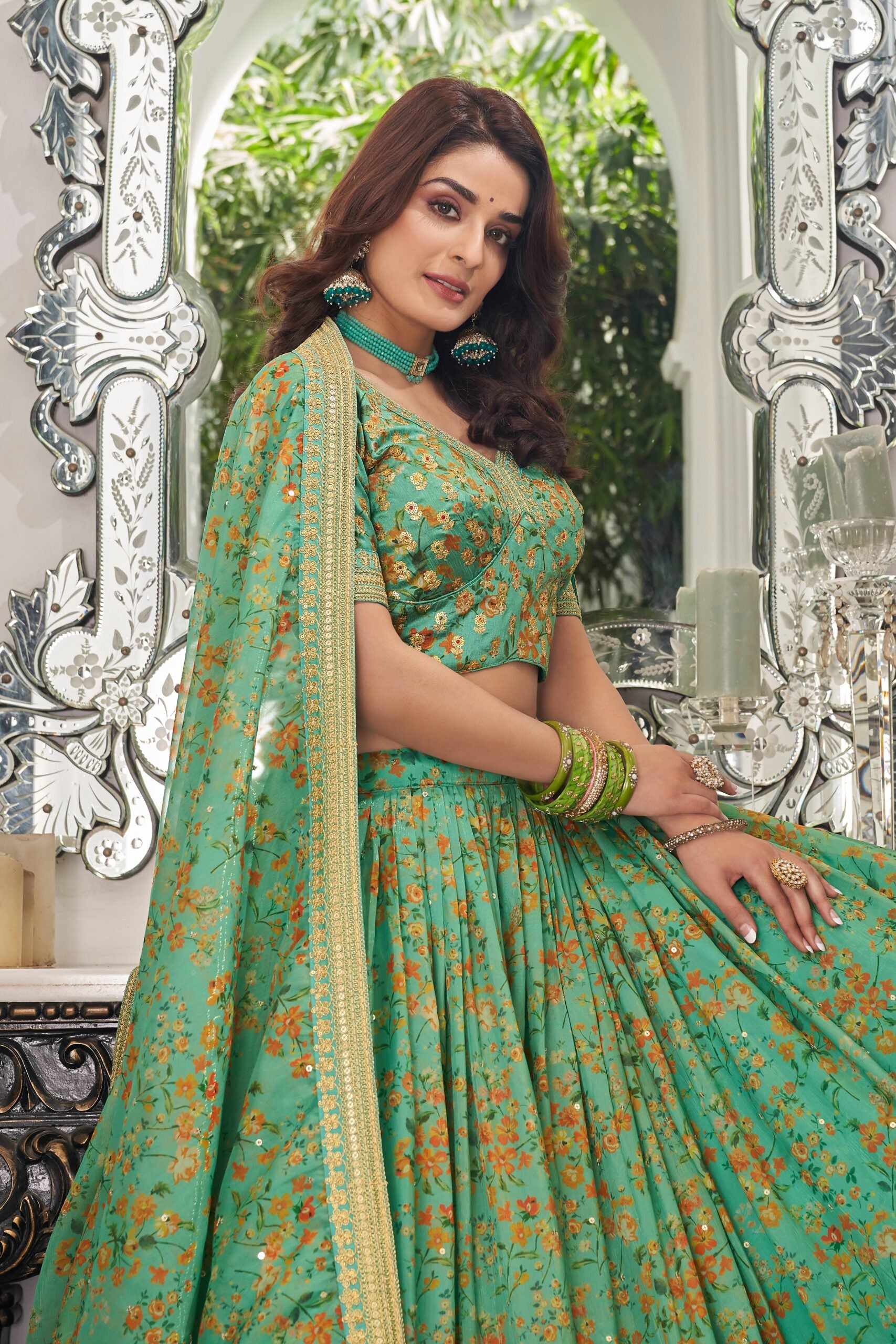 Pistachio Elegance Threadwork Embellished Lehenga Choli