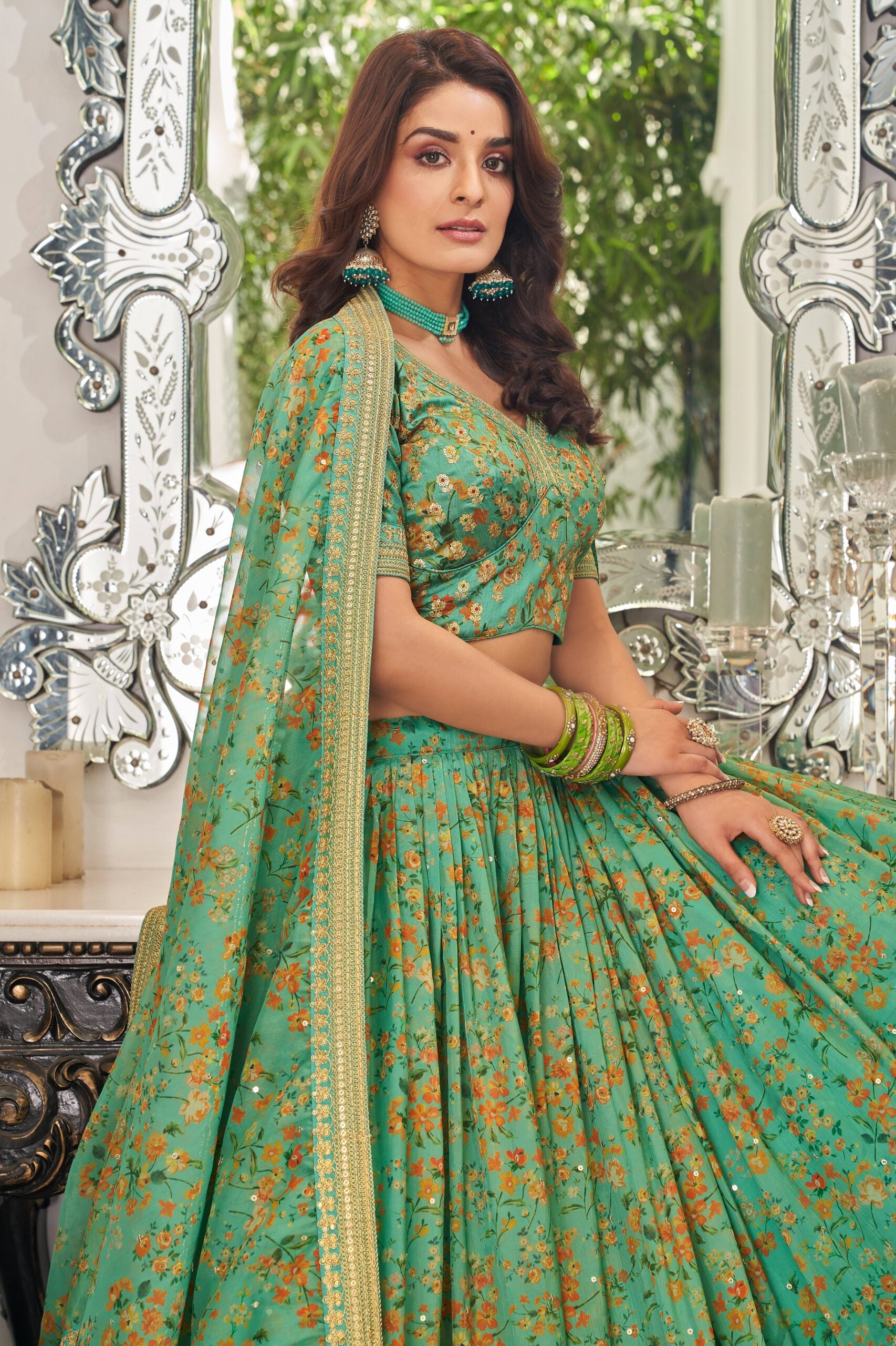 Pistachio Elegance Threadwork Embellished Lehenga Choli