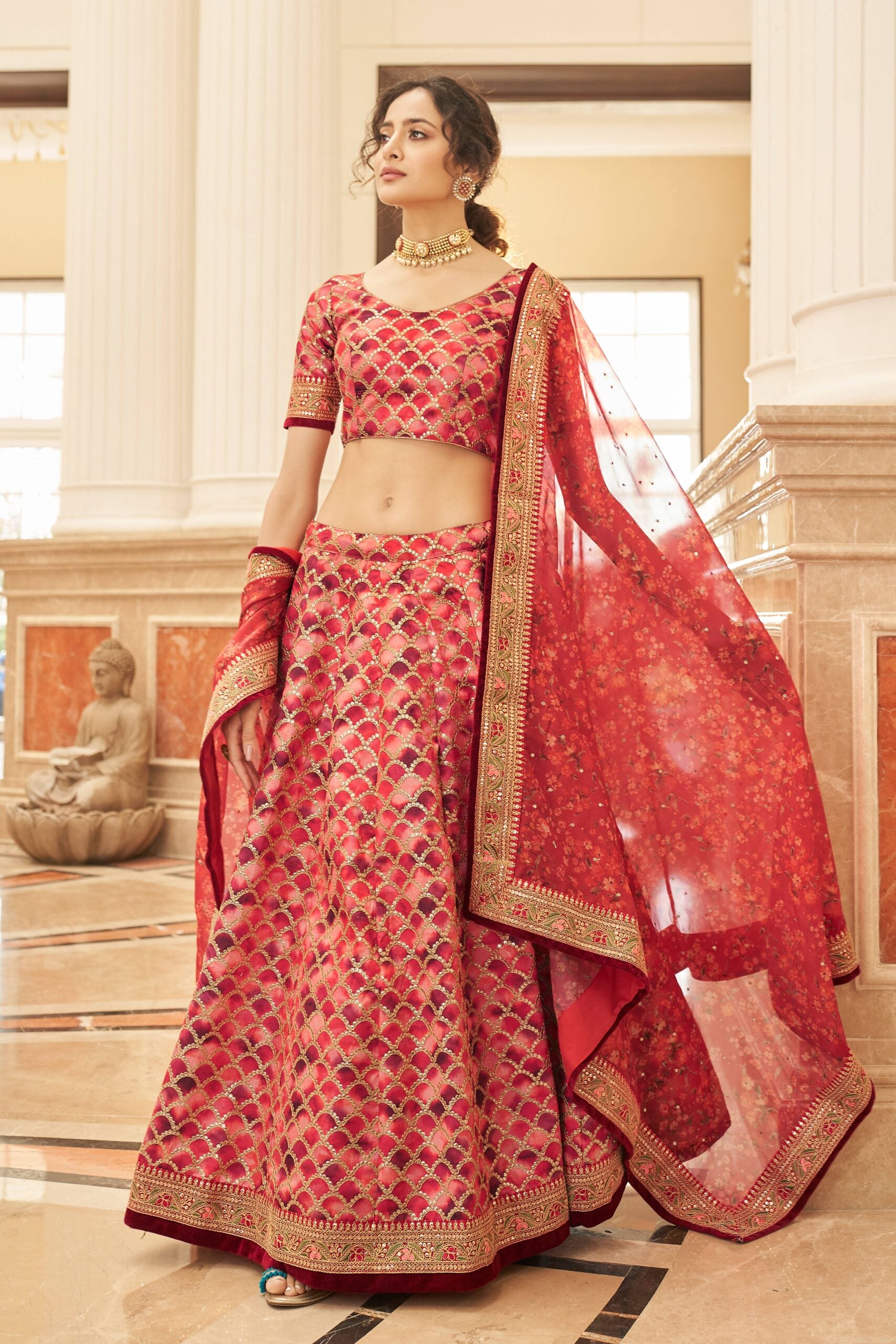Fiery Elegance Zari Embroidery Lehenga Choli
