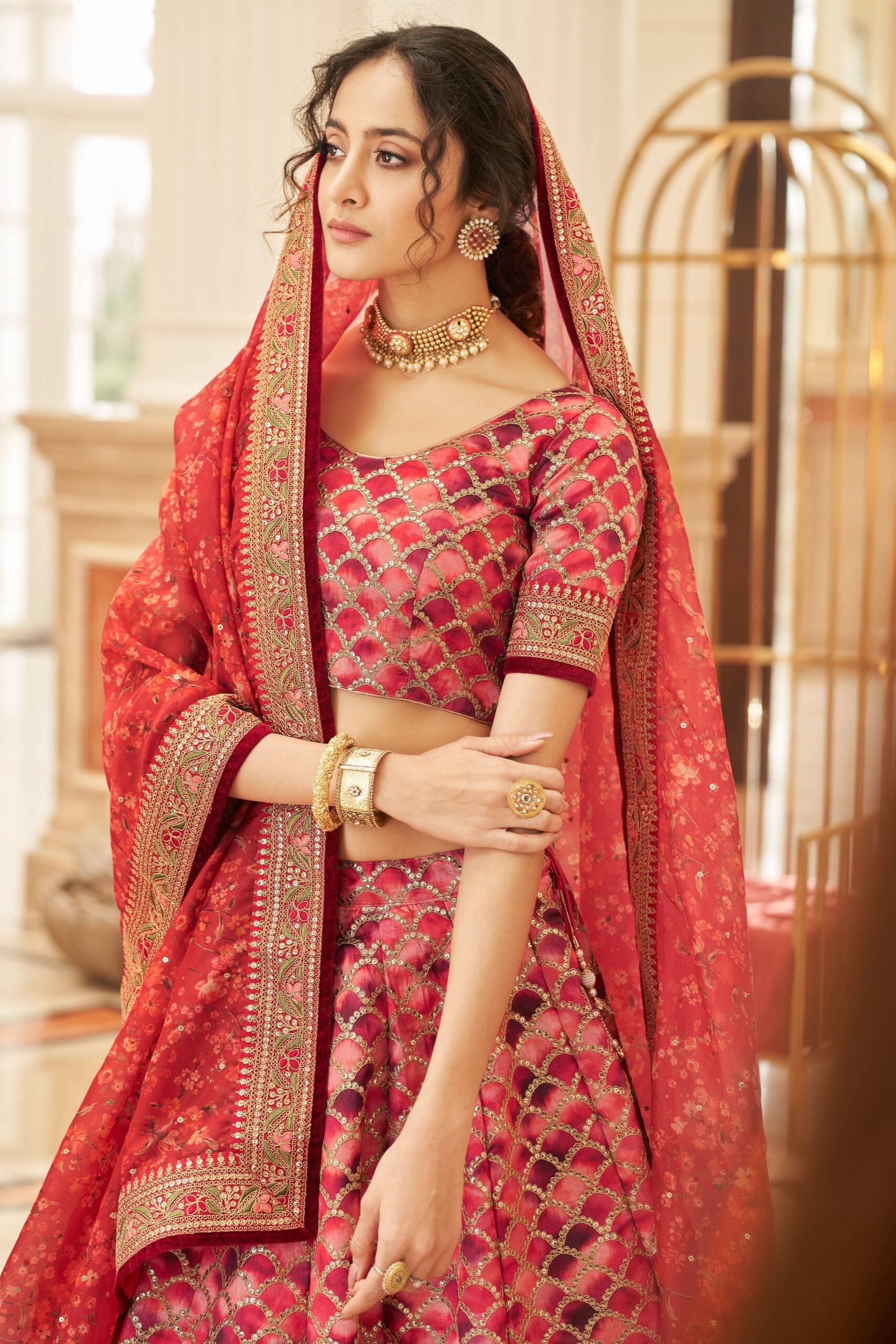 Fiery Elegance Zari Embroidery Lehenga Choli