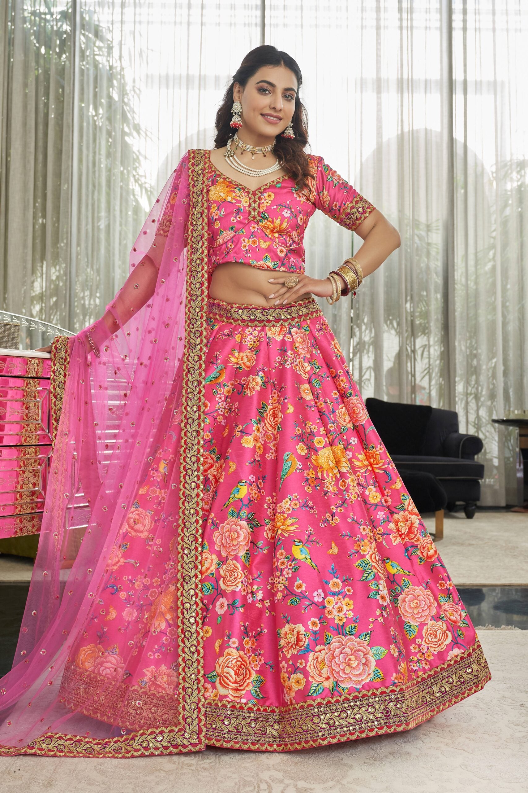 Pink Jewel Delight Stone and Dori Work Ensemble Lehengha Choli