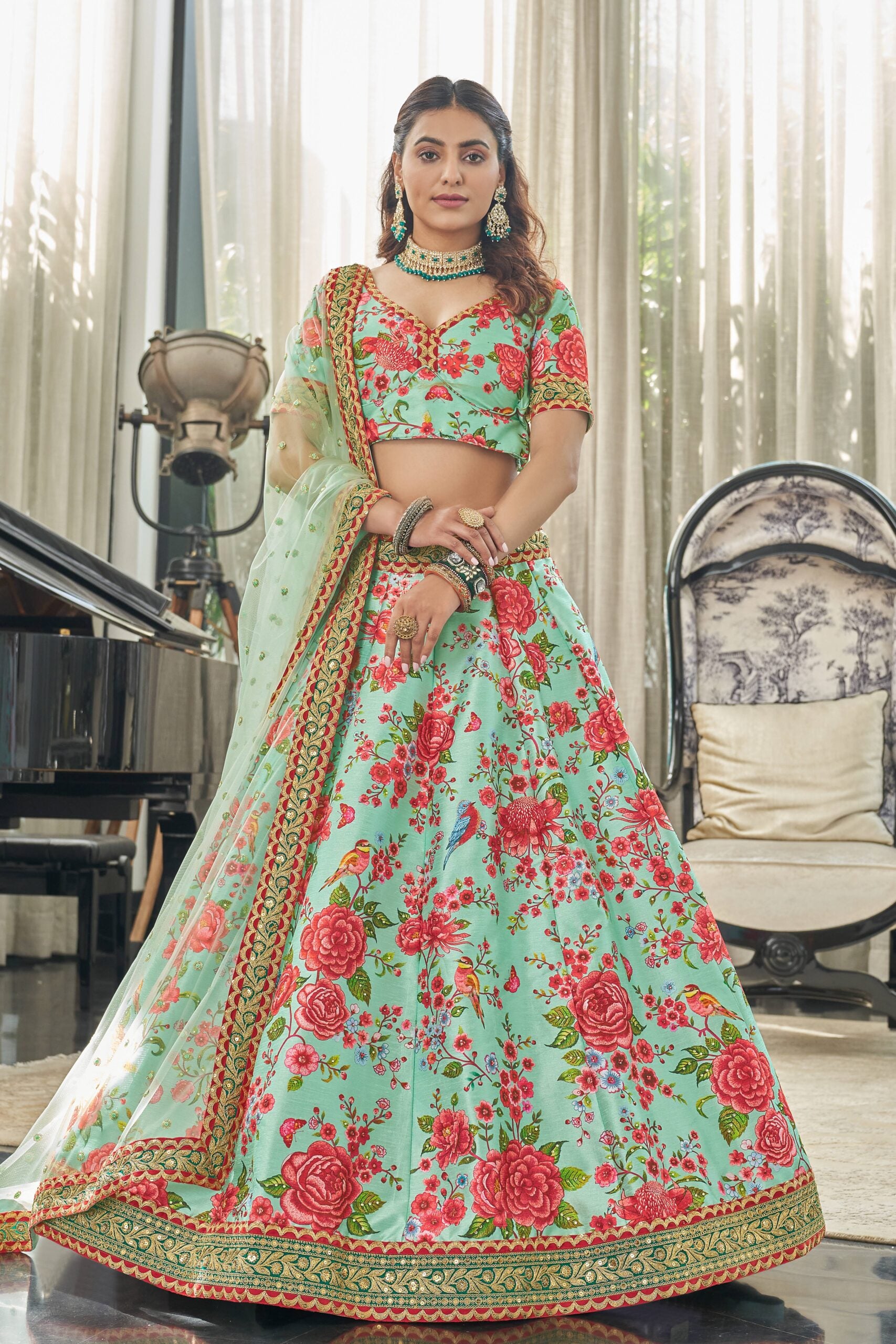 Mint or Red Charisma Art Silk Dori and Stone Work Ensemble Lehengha Choli