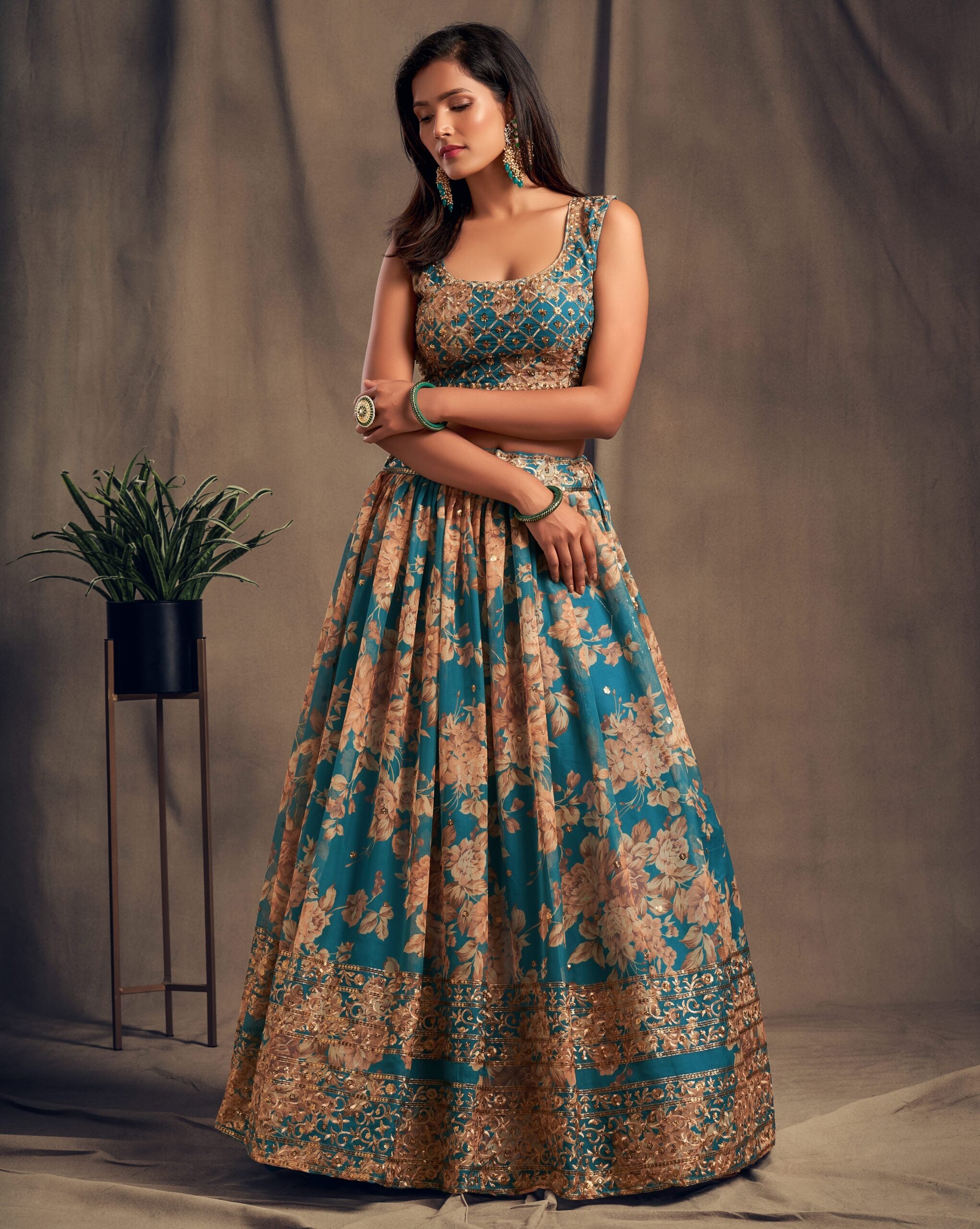Teal Mist Floral Symphony Lehenga Choli