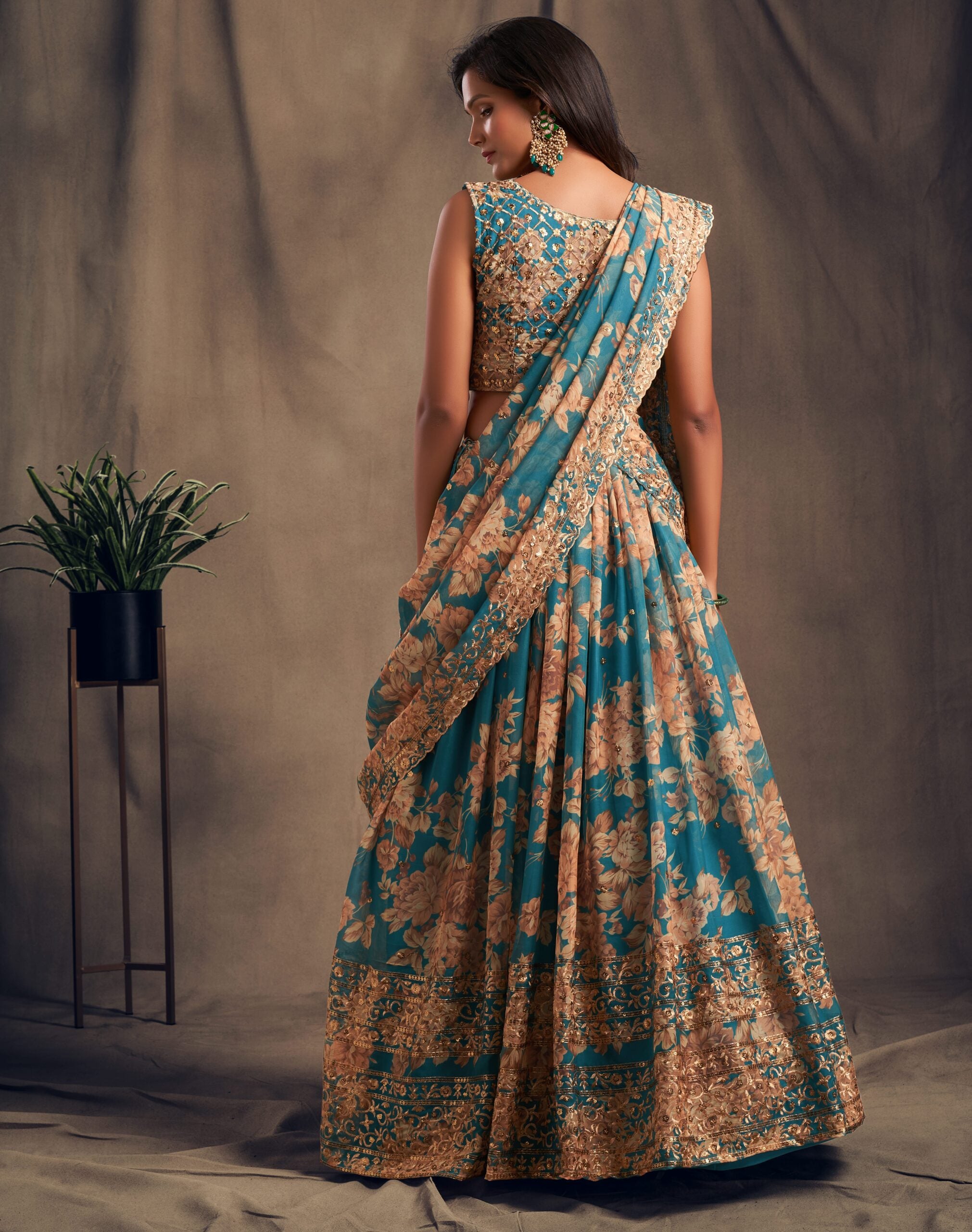 Teal Mist Floral Symphony Lehenga Choli