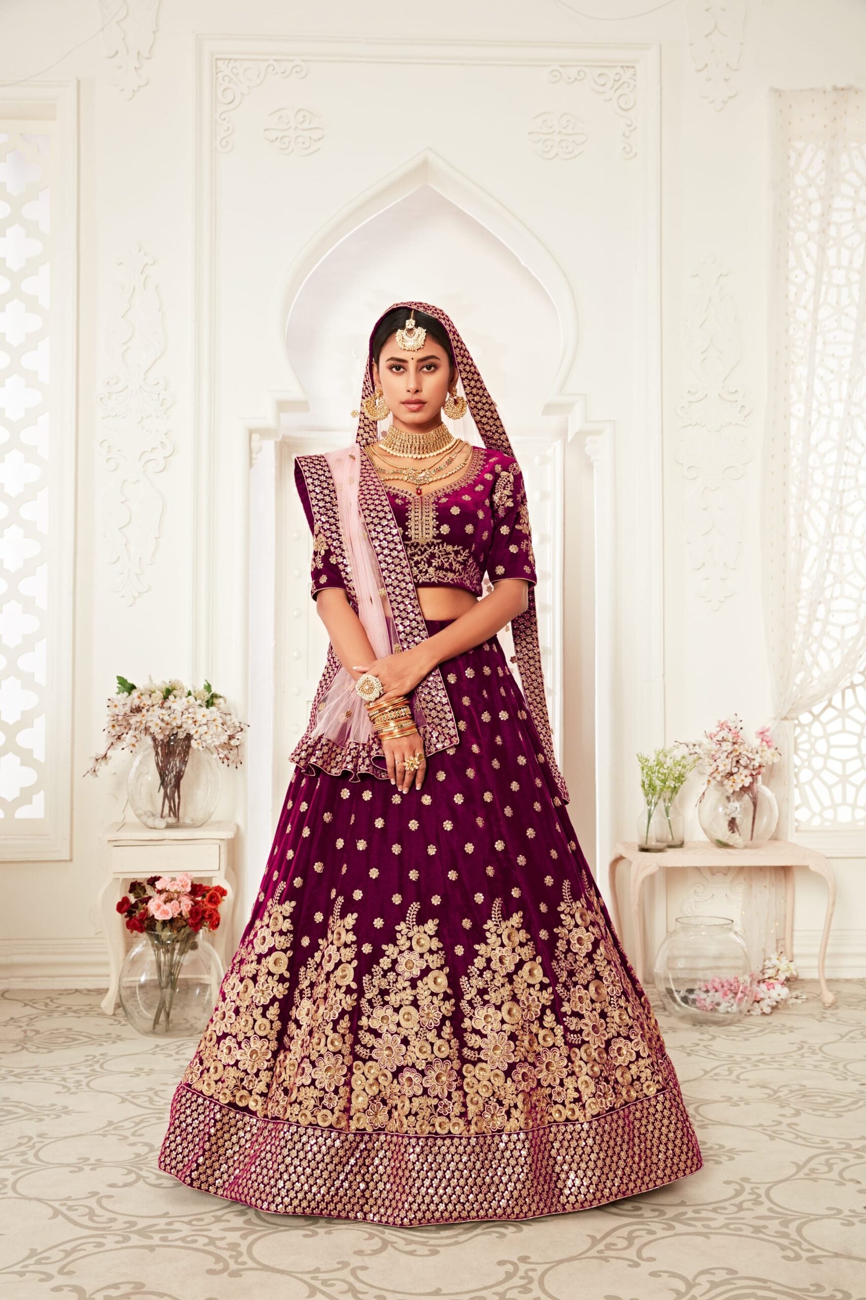 Regal Violet Velvet Whispers Zari Embroidered Bridal Lehenga Choli