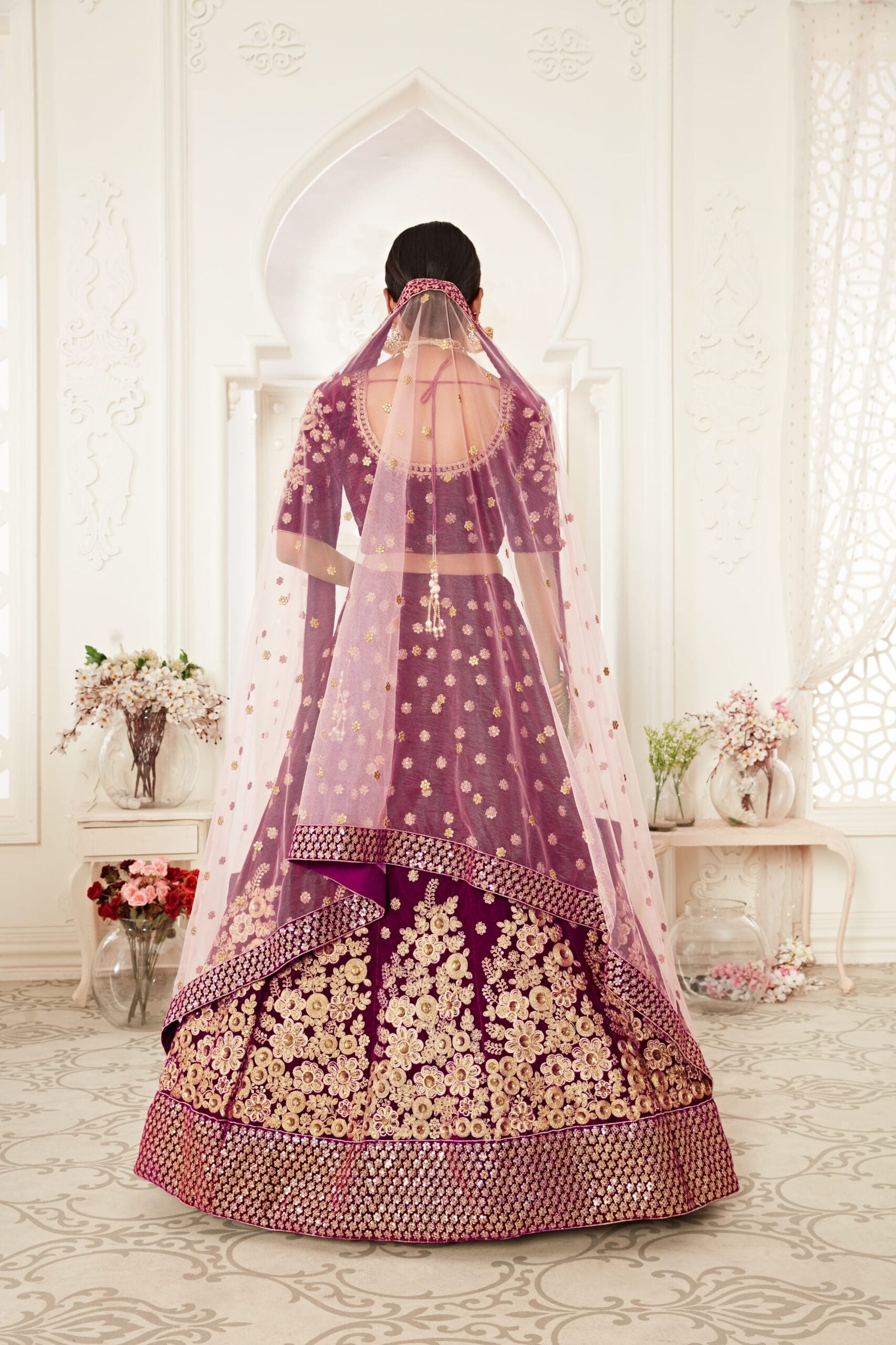 Regal Violet Velvet Whispers Zari Embroidered Bridal Lehenga Choli