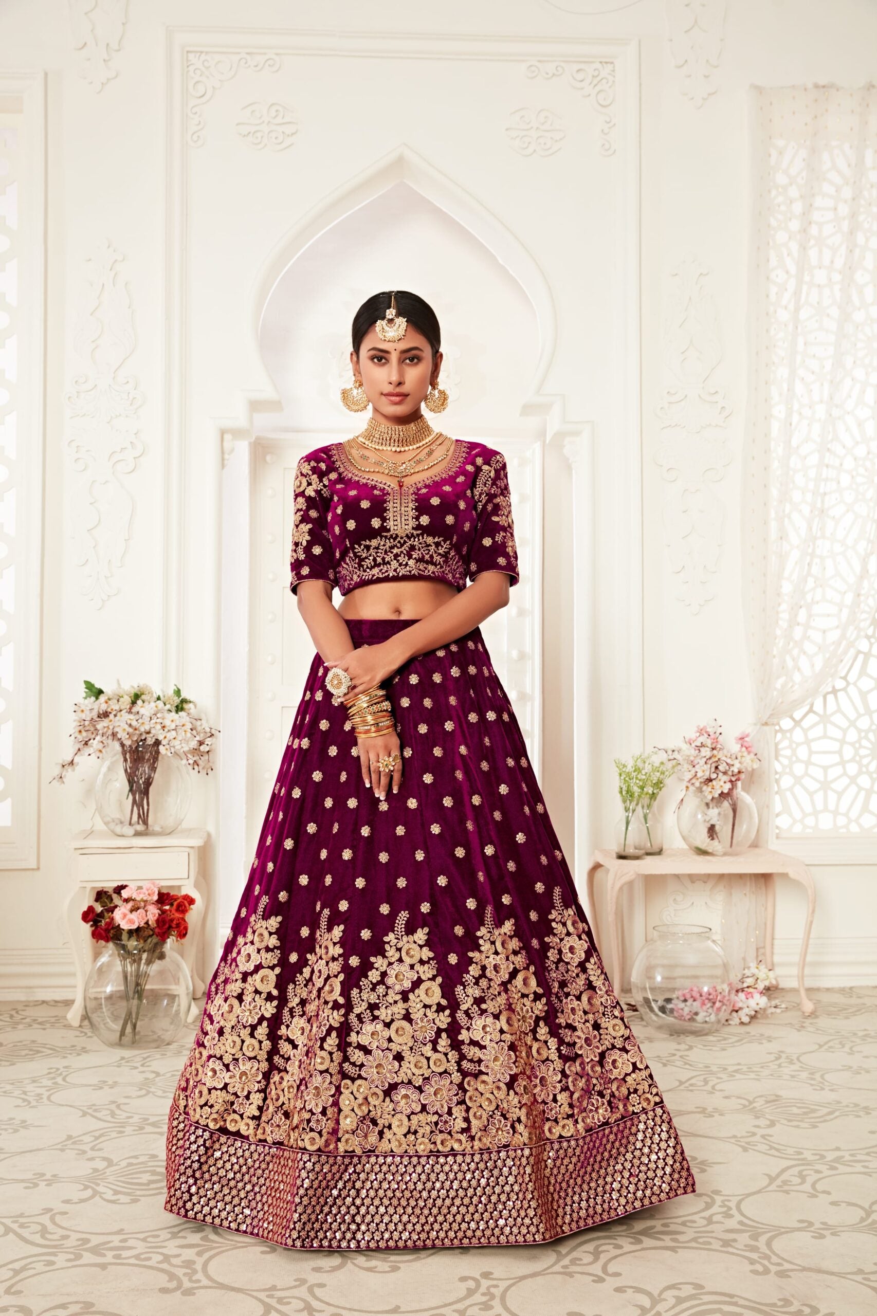 Regal Violet Velvet Whispers Zari Embroidered Bridal Lehenga Choli