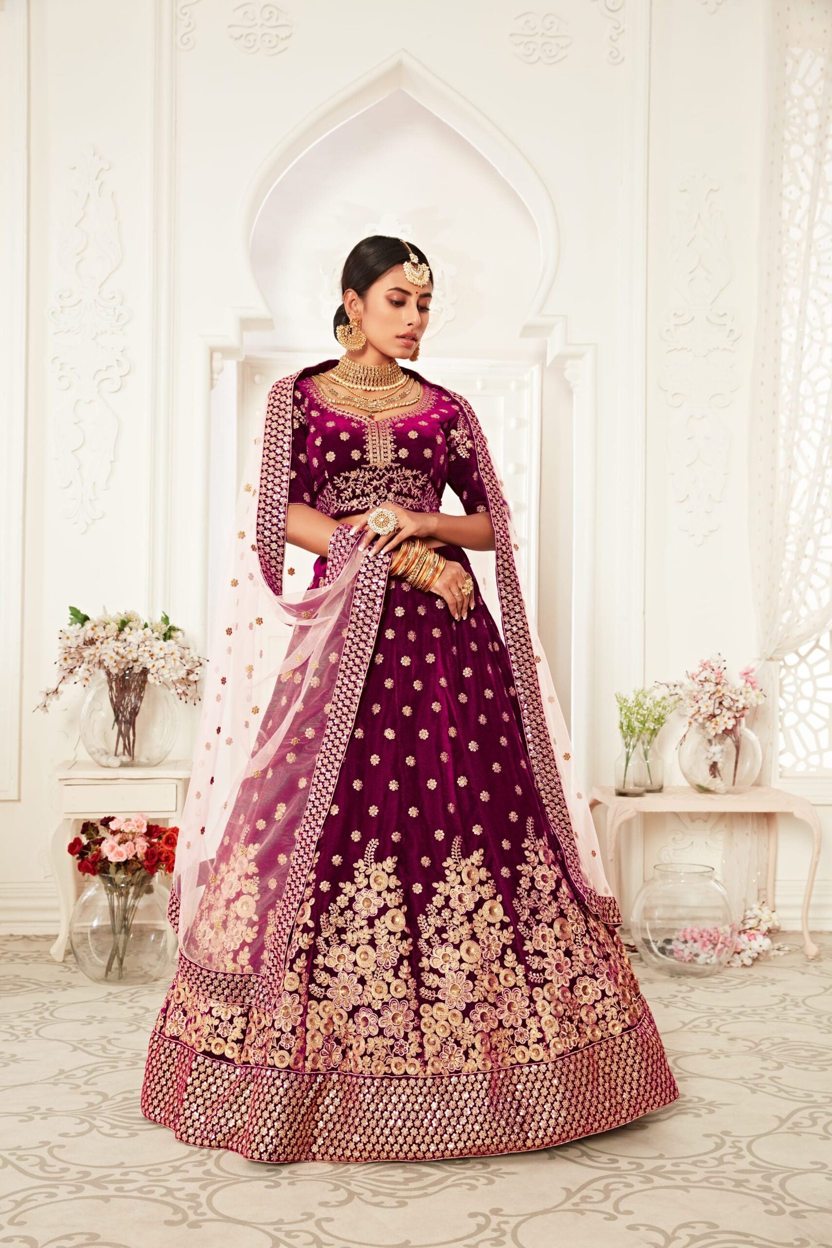 Regal Violet Velvet Whispers Zari Embroidered Bridal Lehenga Choli