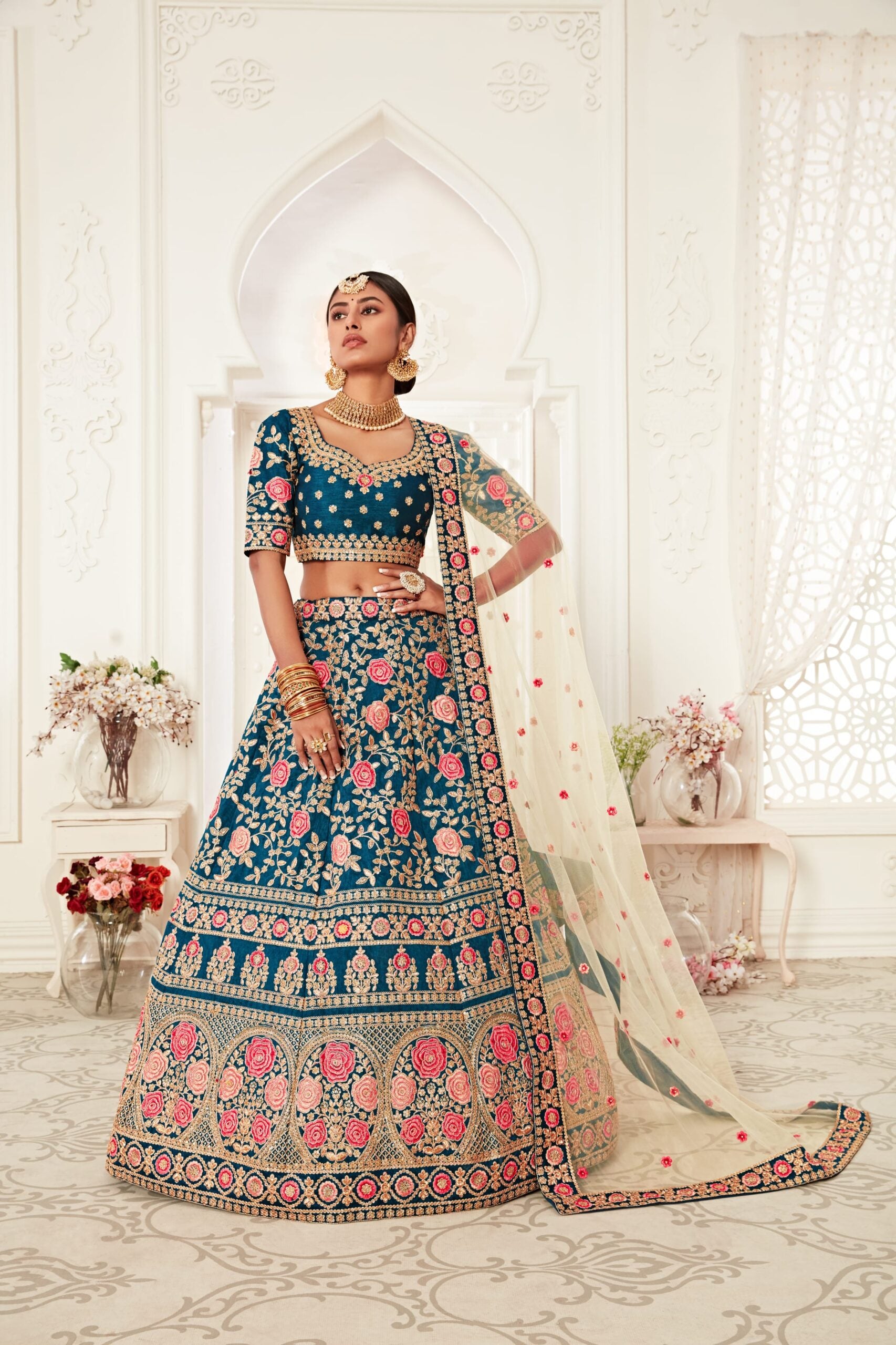 Cobalt Elegance Threaded Splendor Bridal Lehenga Choli