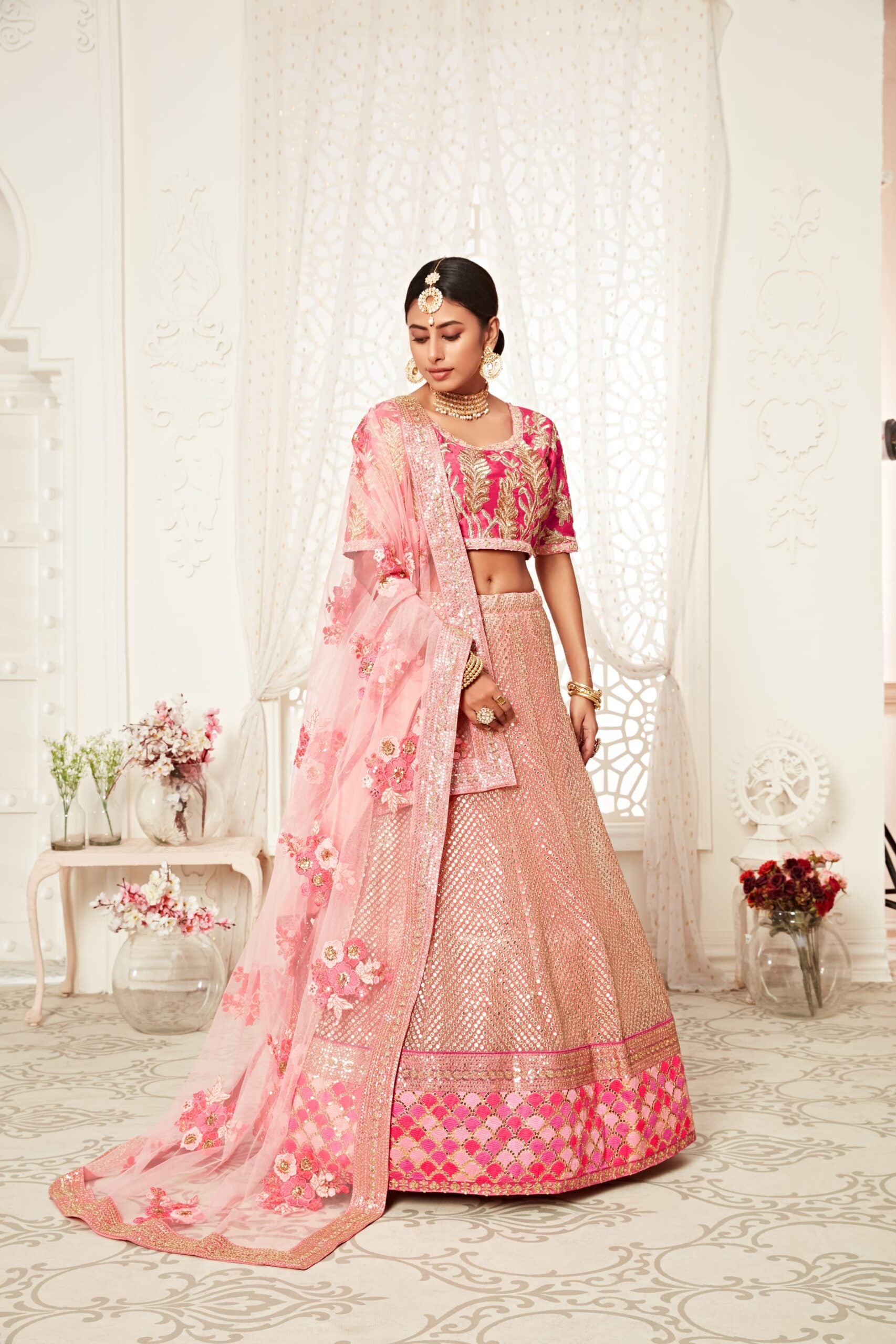 Pink Petals Slub Silk Sequin Symphony Bridal Lehenga Choli