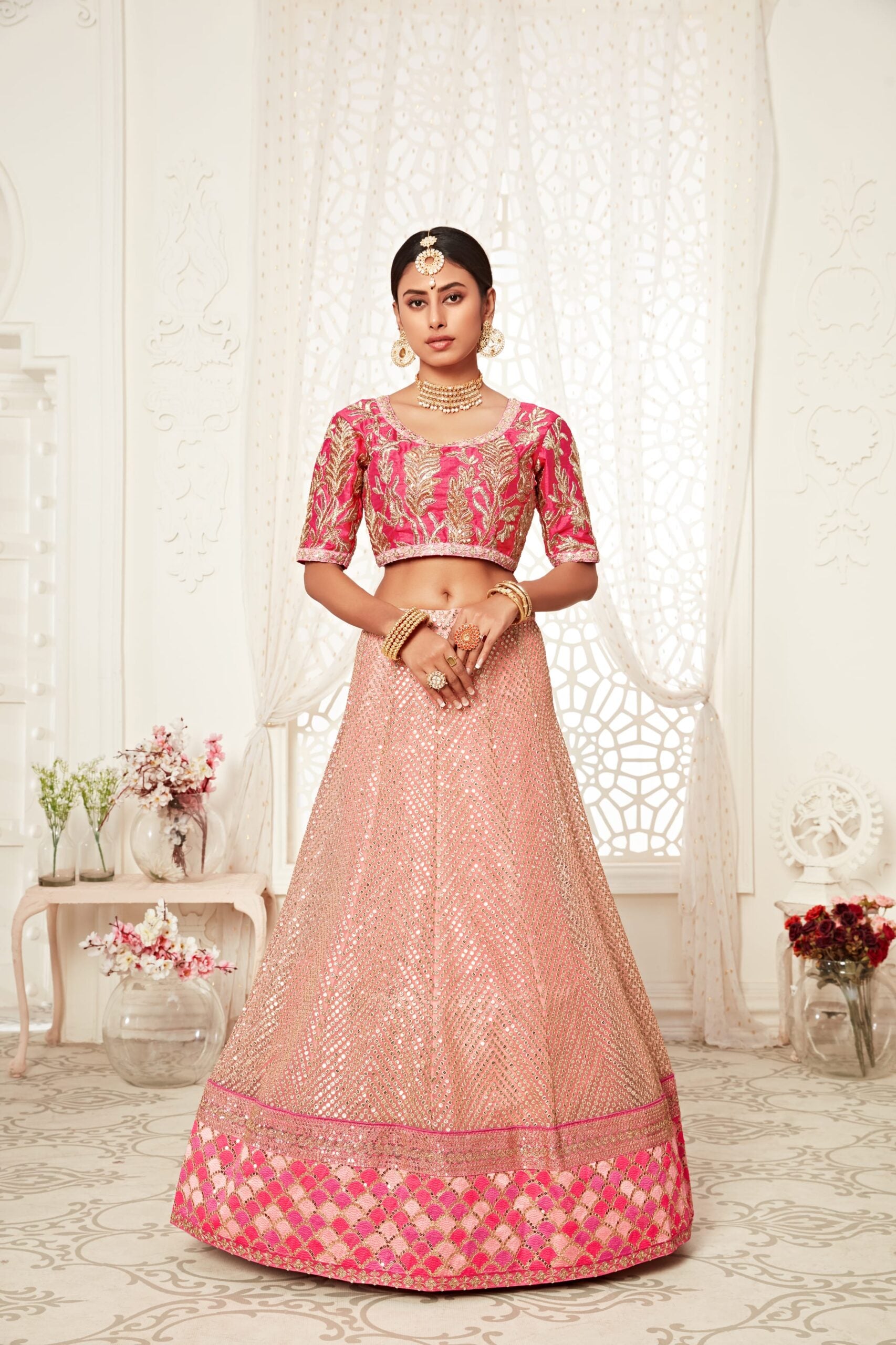 Pink Petals Slub Silk Sequin Symphony Bridal Lehenga Choli