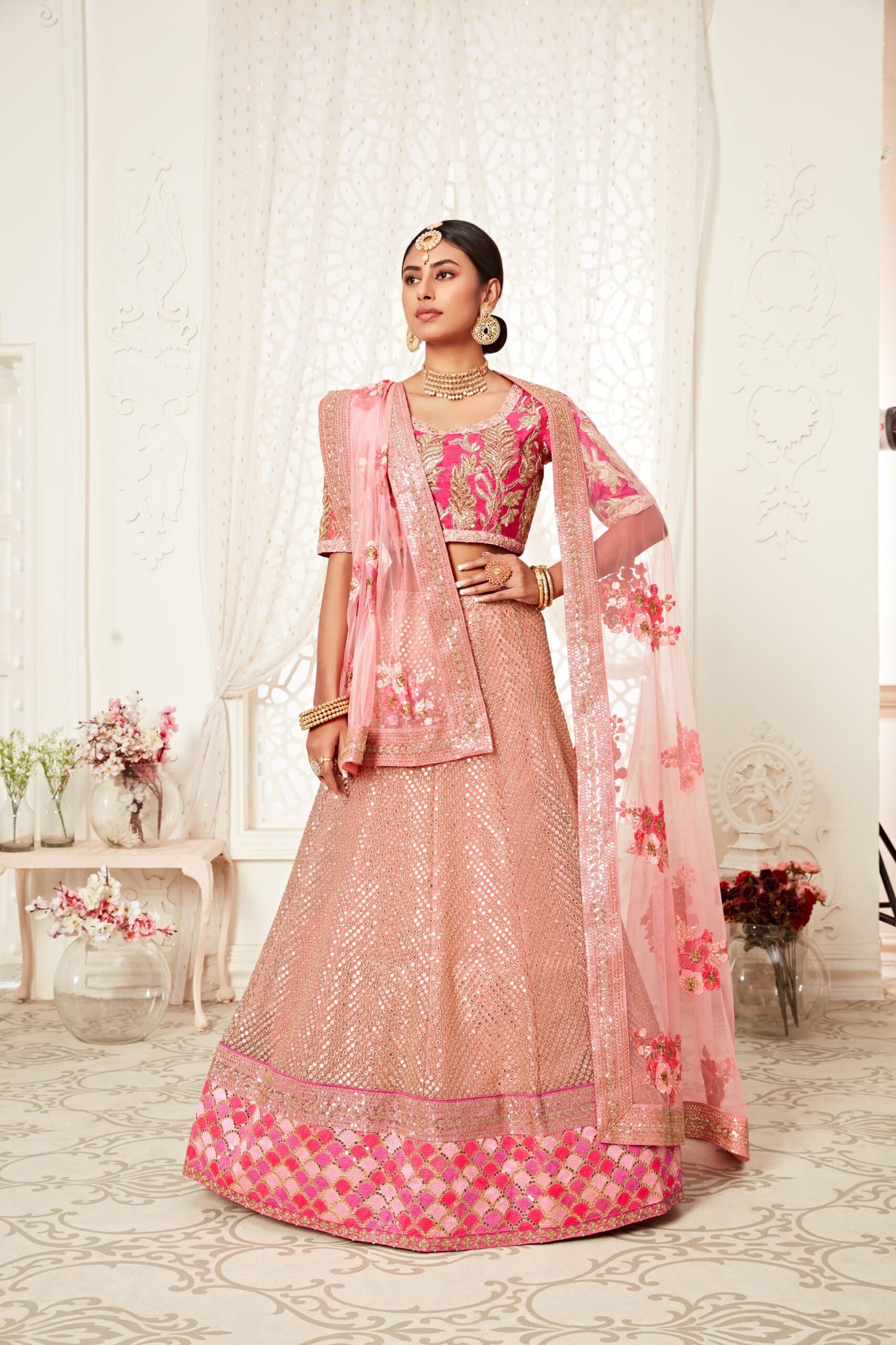 Pink Petals Slub Silk Sequin Symphony Bridal Lehenga Choli