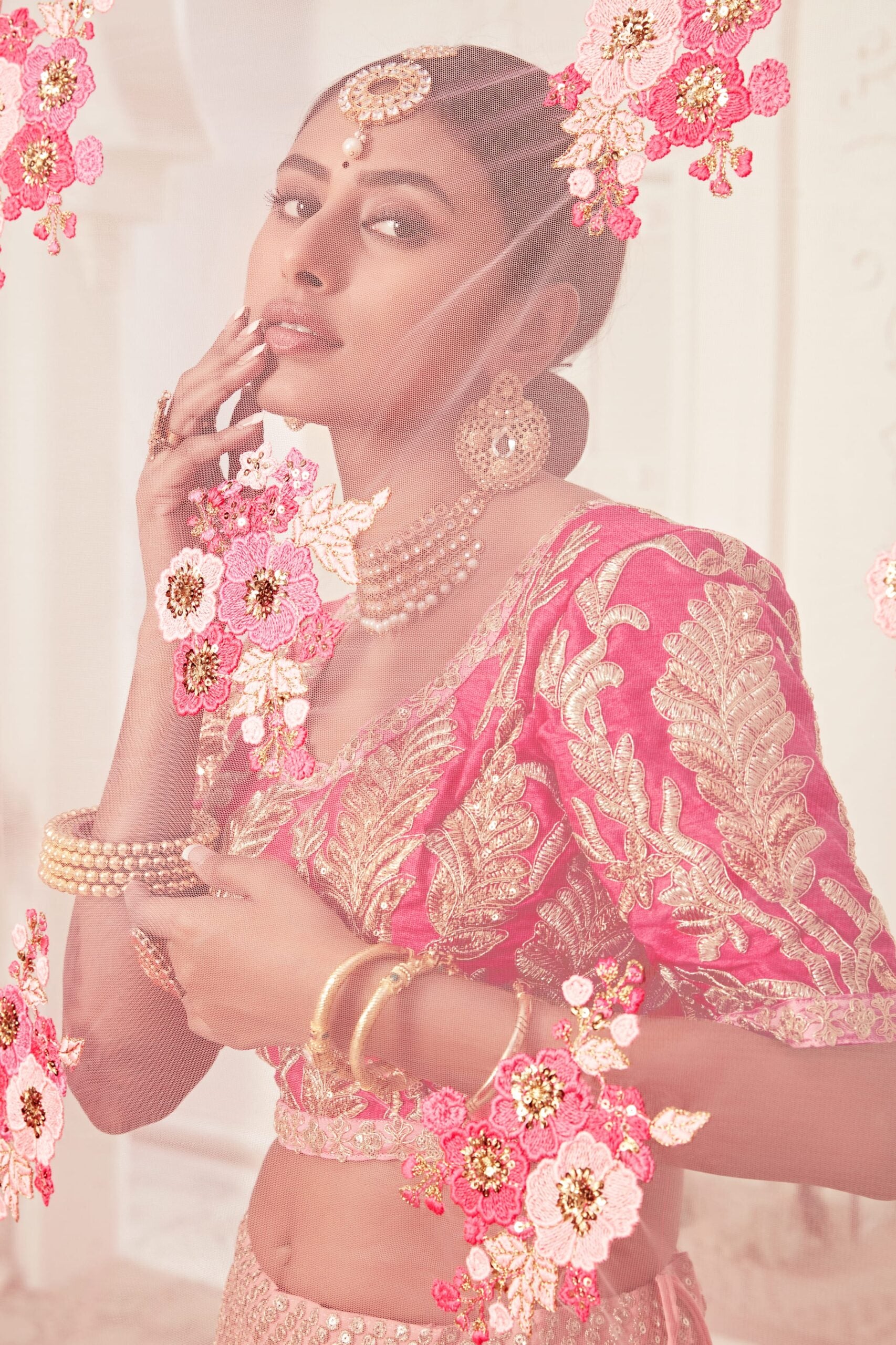 Pink Petals Slub Silk Sequin Symphony Bridal Lehenga Choli