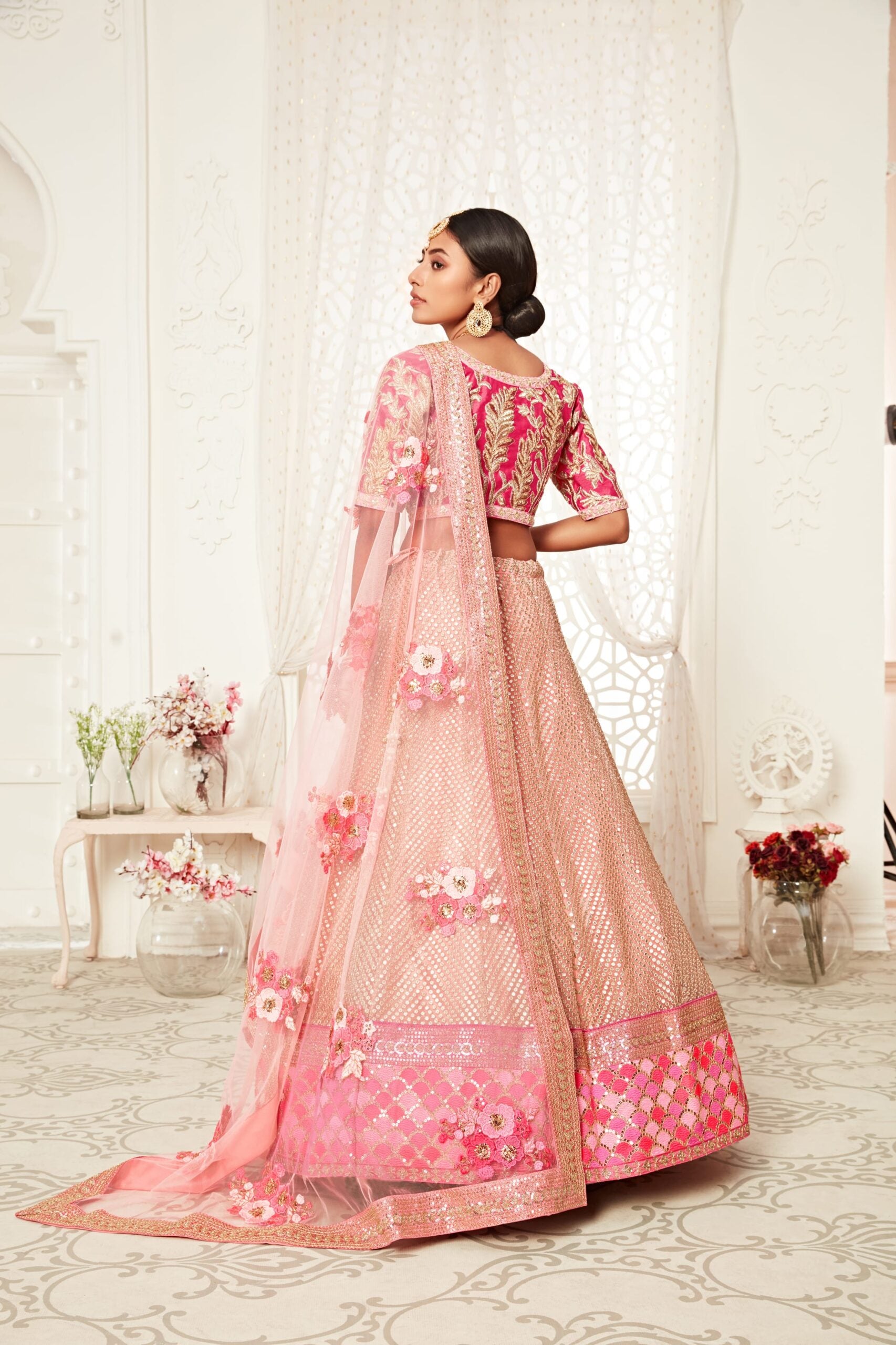 Pink Petals Slub Silk Sequin Symphony Bridal Lehenga Choli
