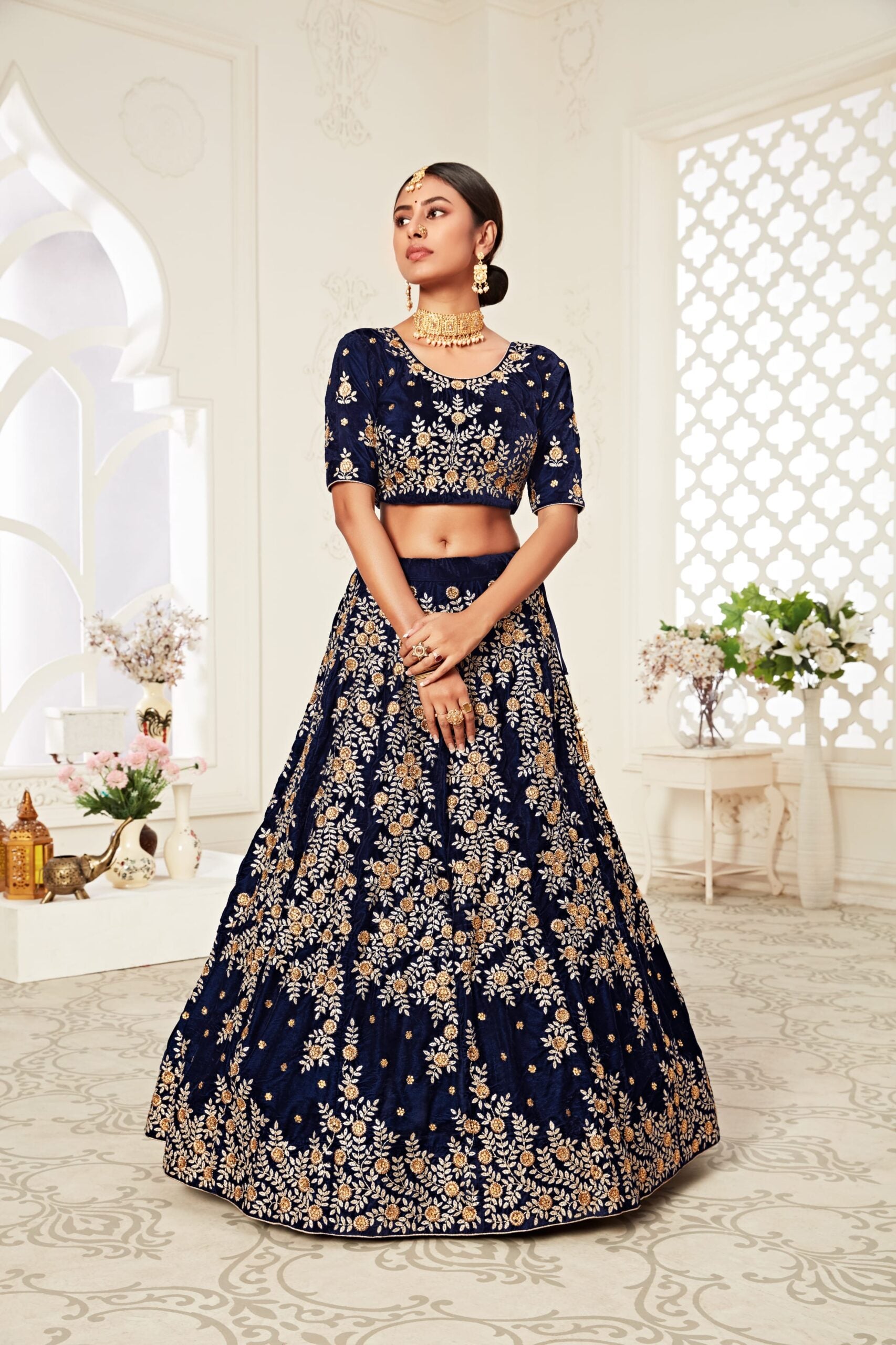 Diamond Dreams Navy Velvet Elegance Bridal Lehenga Choli