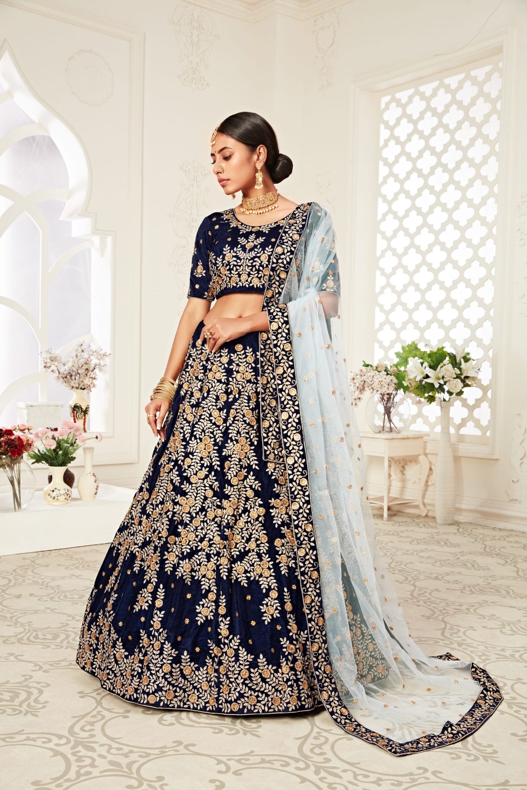 Diamond Dreams Navy Velvet Elegance Bridal Lehenga Choli