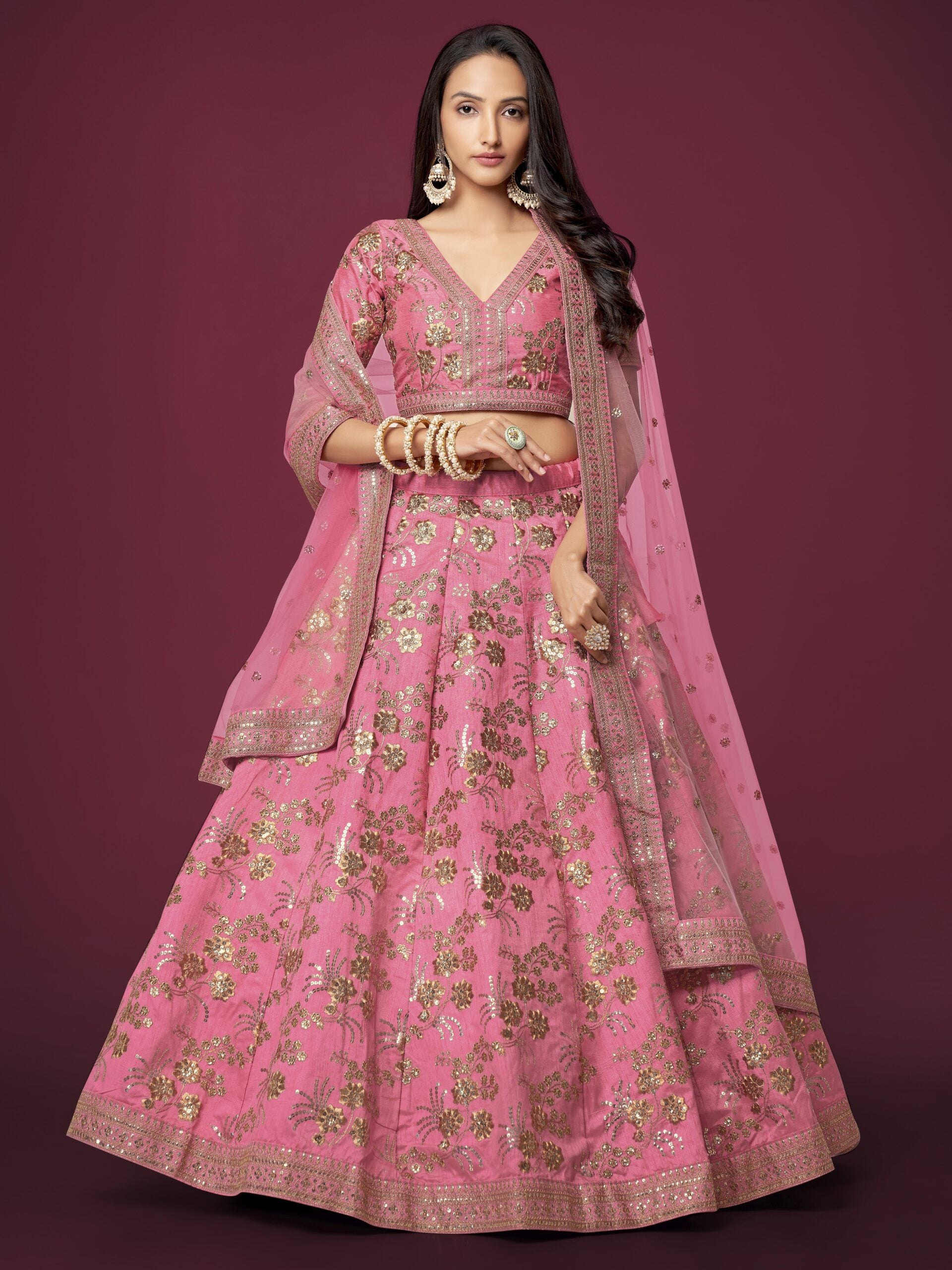 Delicate Coral Cascade Cascading Slub Silk Lehengha Choli