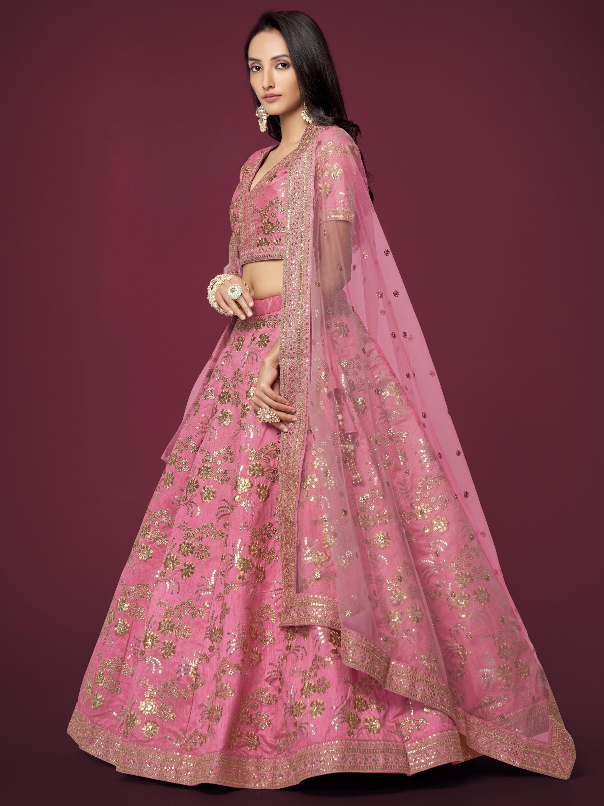 Delicate Coral Cascade Cascading Slub Silk Lehengha Choli