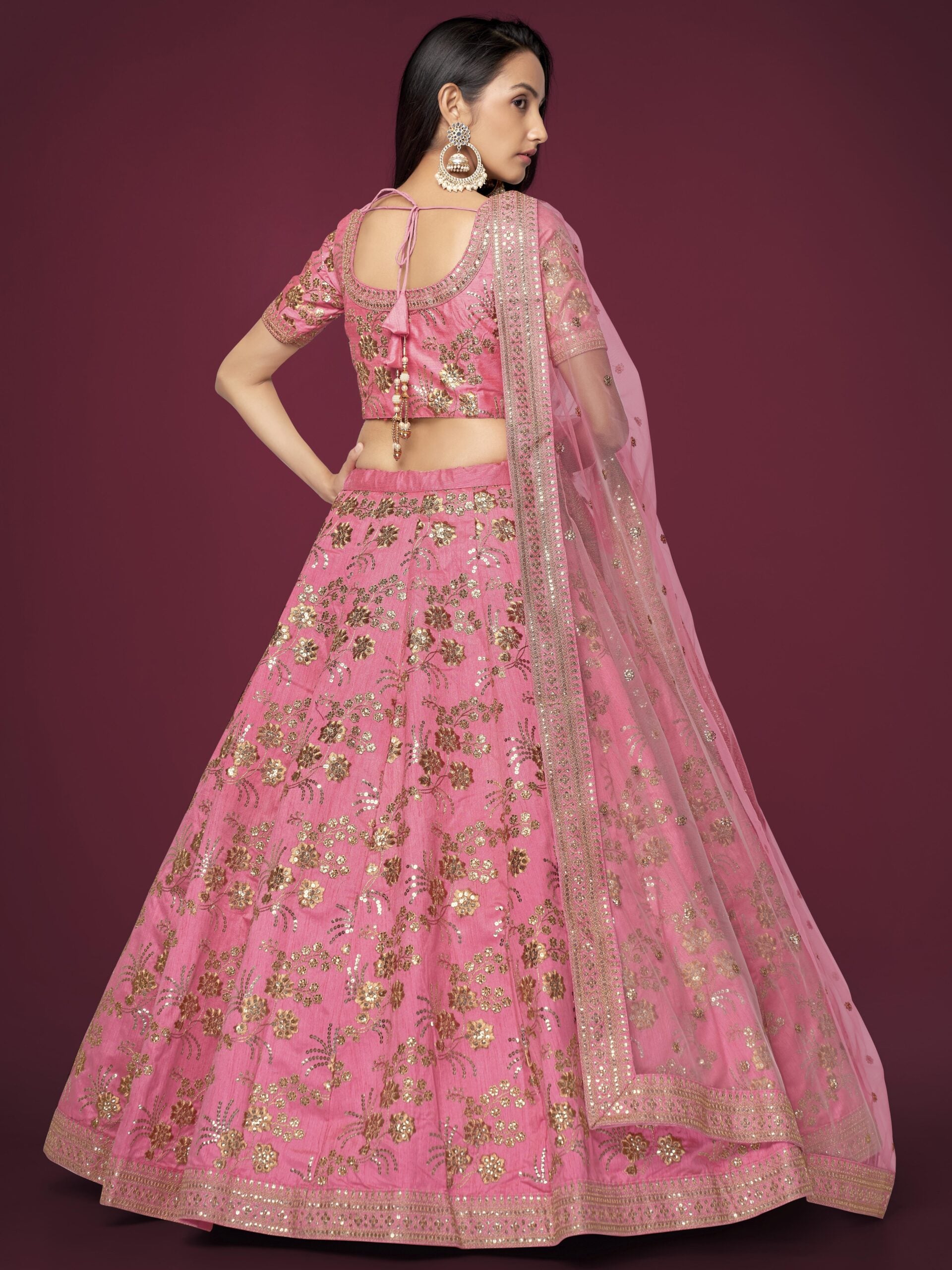 Delicate Coral Cascade Cascading Slub Silk Lehengha Choli