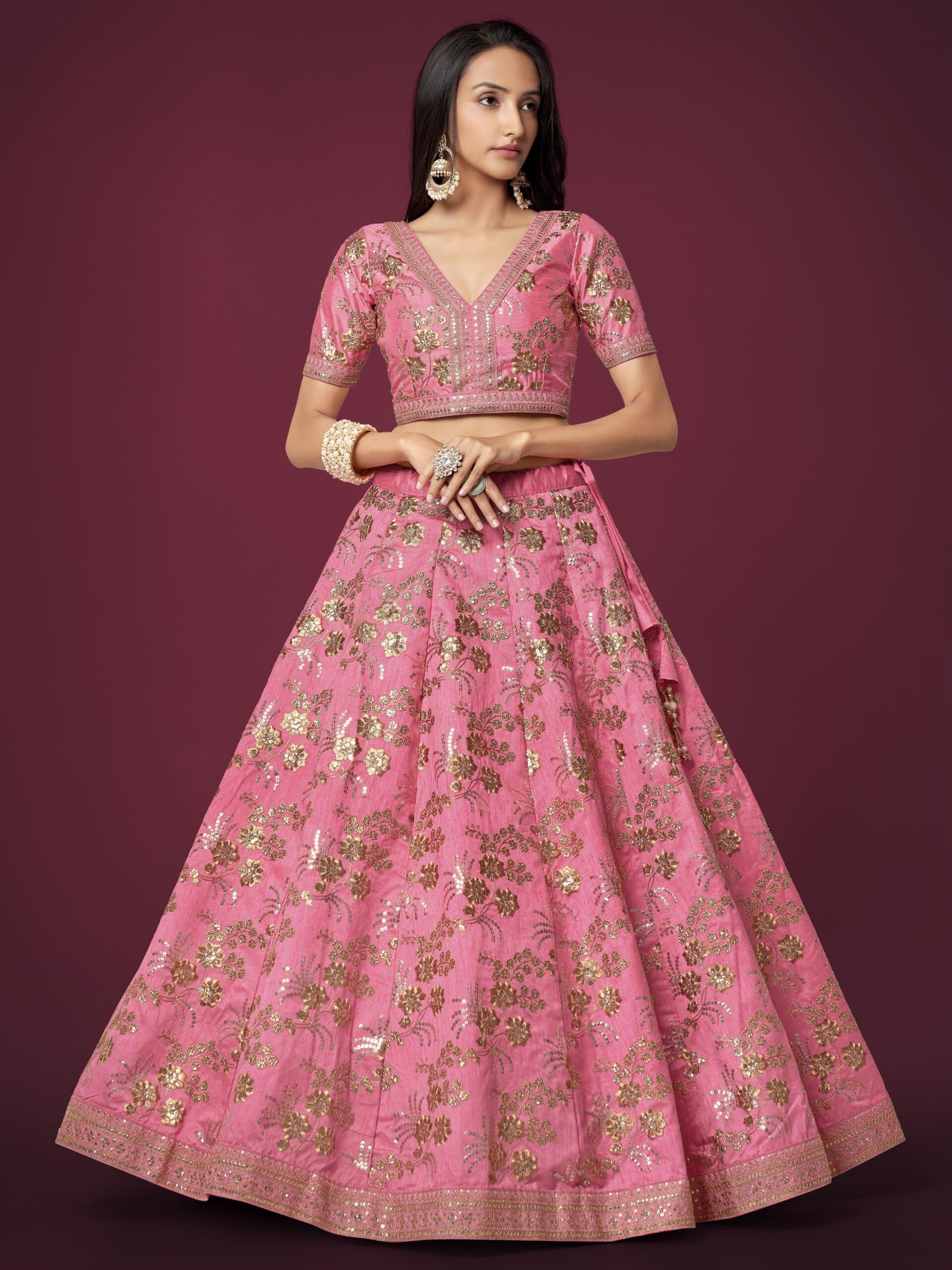 Delicate Coral Cascade Cascading Slub Silk Lehengha Choli