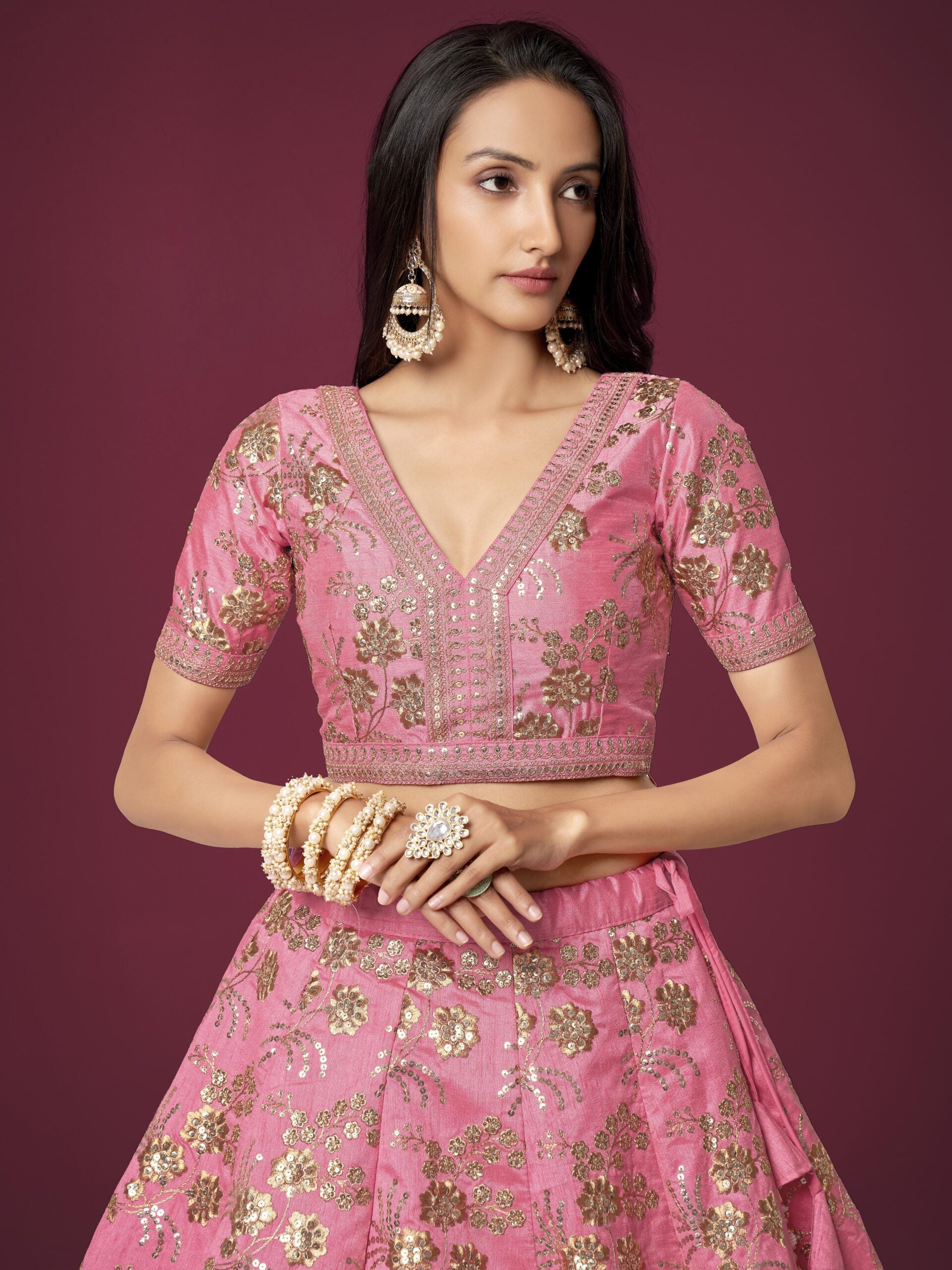 Delicate Coral Cascade Cascading Slub Silk Lehengha Choli