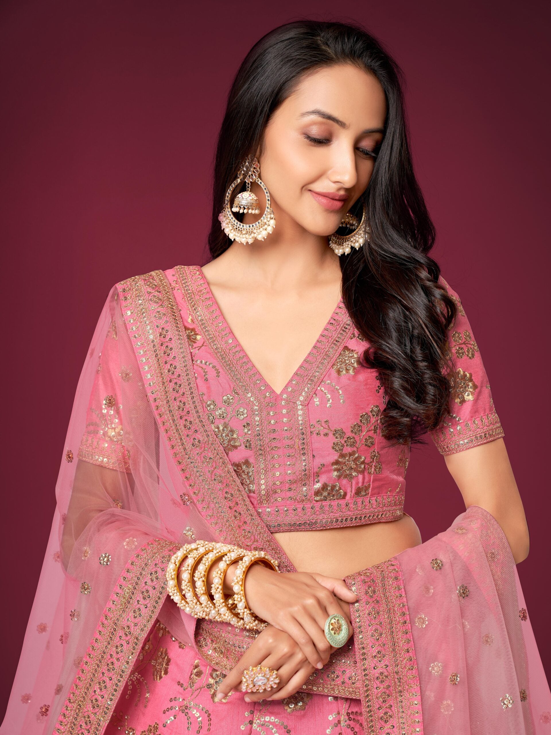 Delicate Coral Cascade Cascading Slub Silk Lehengha Choli
