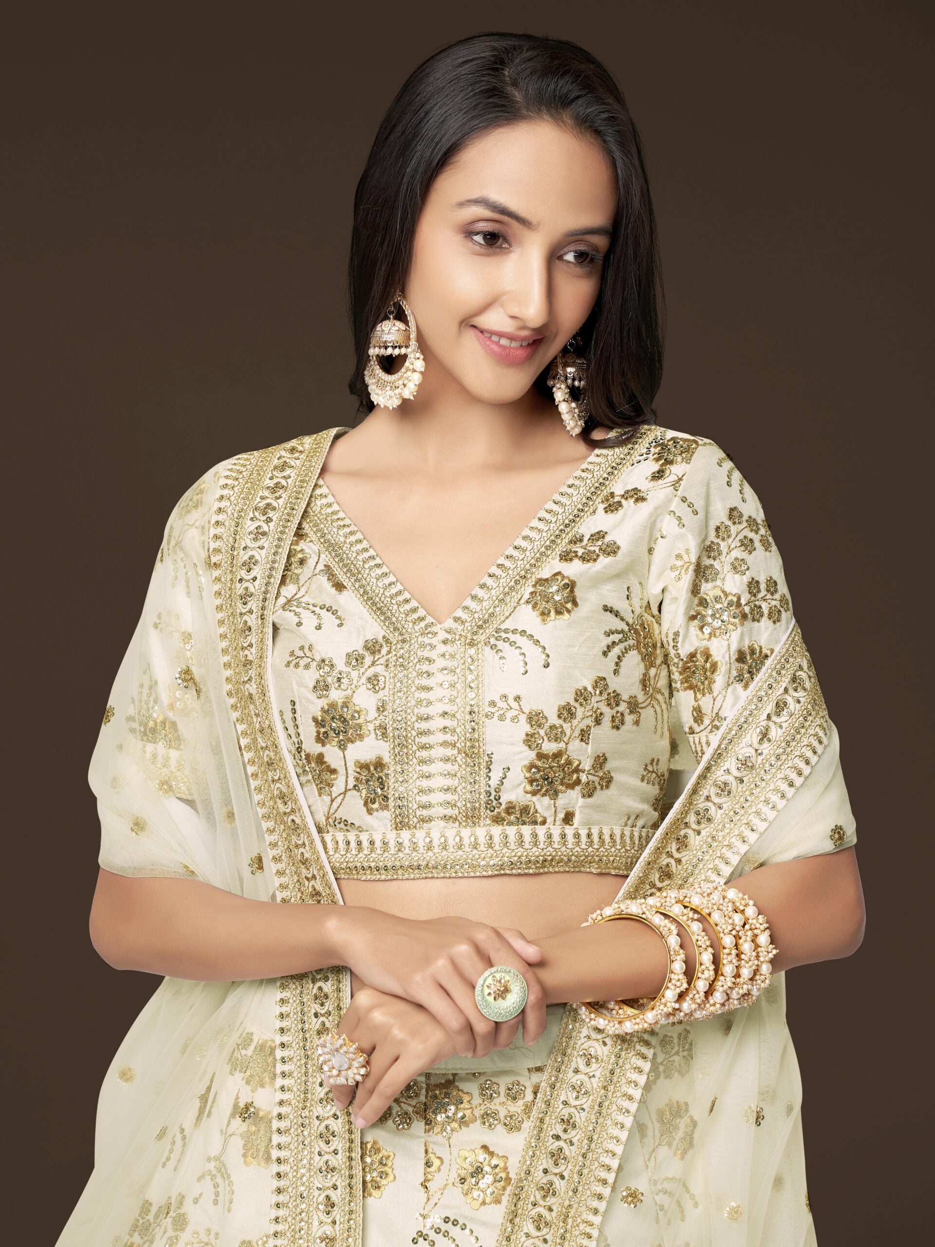 Milky Moonbeam Waltz Graceful Slub Silk Lehengha Choli