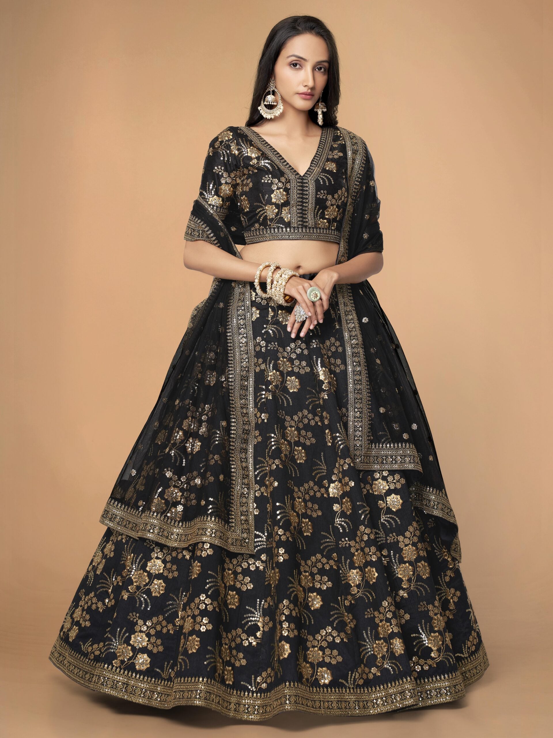 Ebony Starry Whispers Mesmerizing Black Slub Silk Lehengha Choli