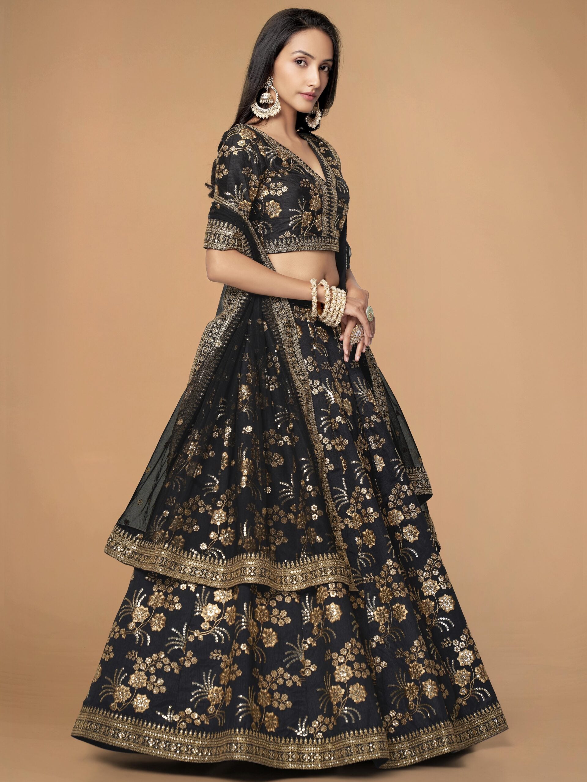 Ebony Starry Whispers Mesmerizing Black Slub Silk Lehengha Choli