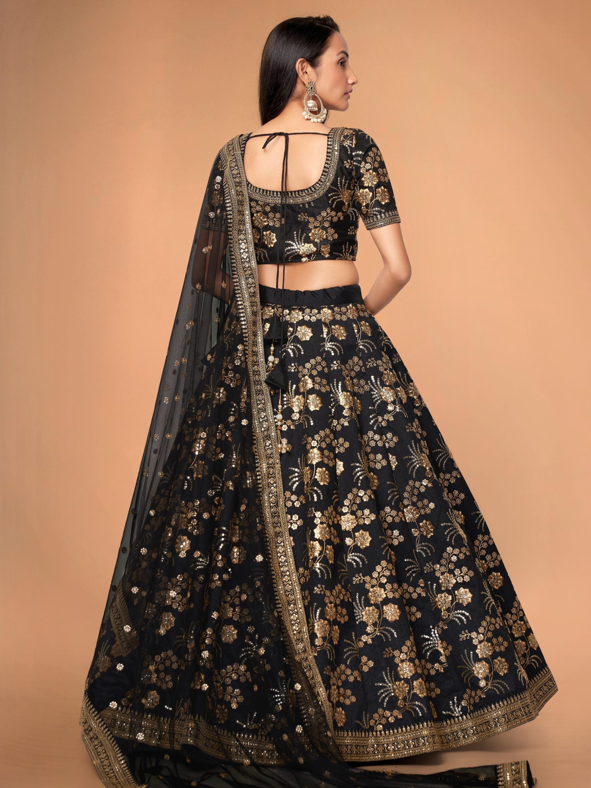 Ebony Starry Whispers Mesmerizing Black Slub Silk Lehengha Choli