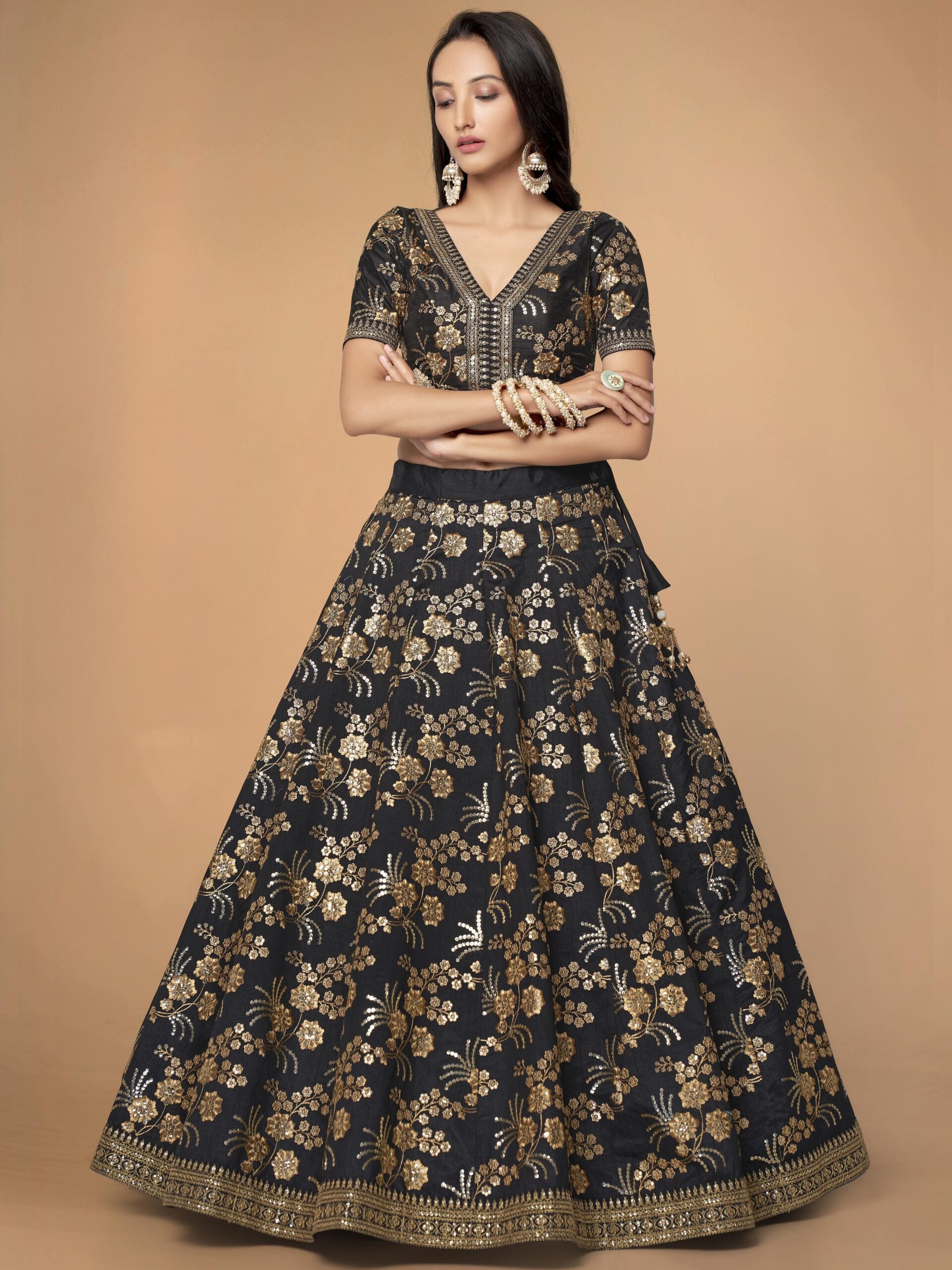 Ebony Starry Whispers Mesmerizing Black Slub Silk Lehengha Choli