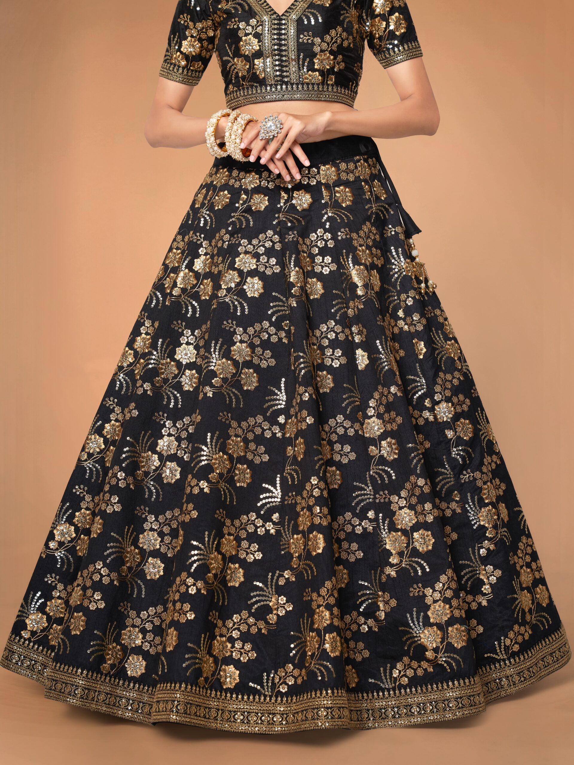 Ebony Starry Whispers Mesmerizing Black Slub Silk Lehengha Choli